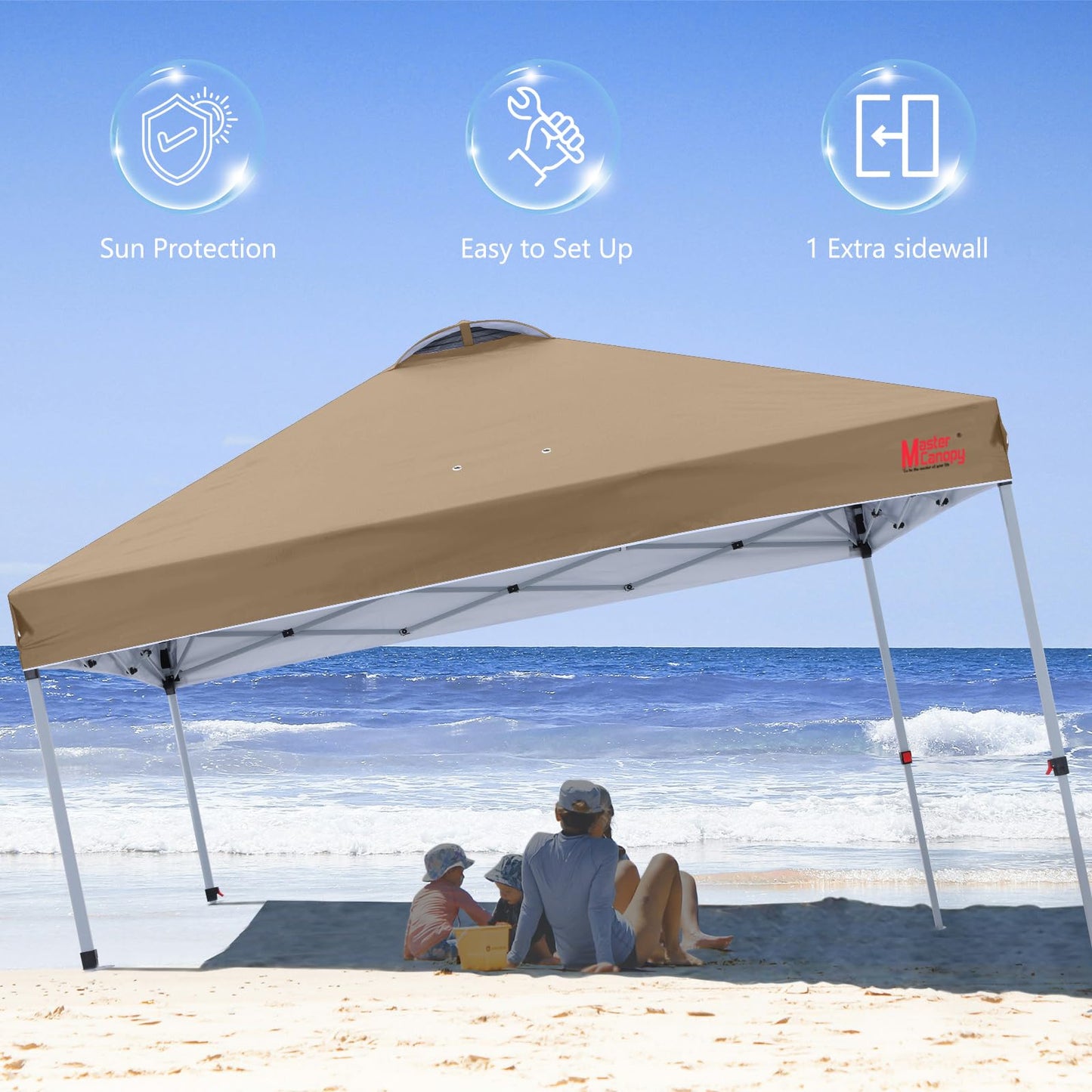MASTERCANOPY 2.5 x 2.5m Pop-up Canopy Folding Tent with Vent & 1 Sidewall for Market, Garden, Events, Khaki