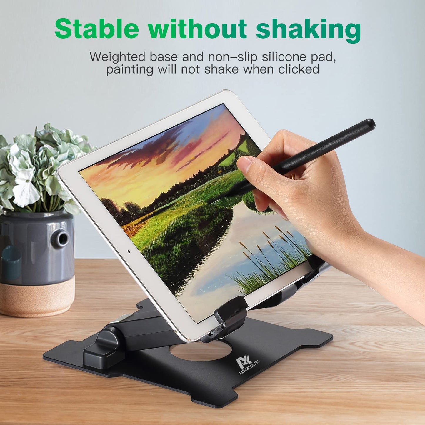 AJ Adjustable Aluminum Tablet Stand Tablet Holder Compatible with iPad Pro Air Mini 11 12.9 iPhone 15 Huawei MatePad Galaxy Tab up to 13.5 inches - Black