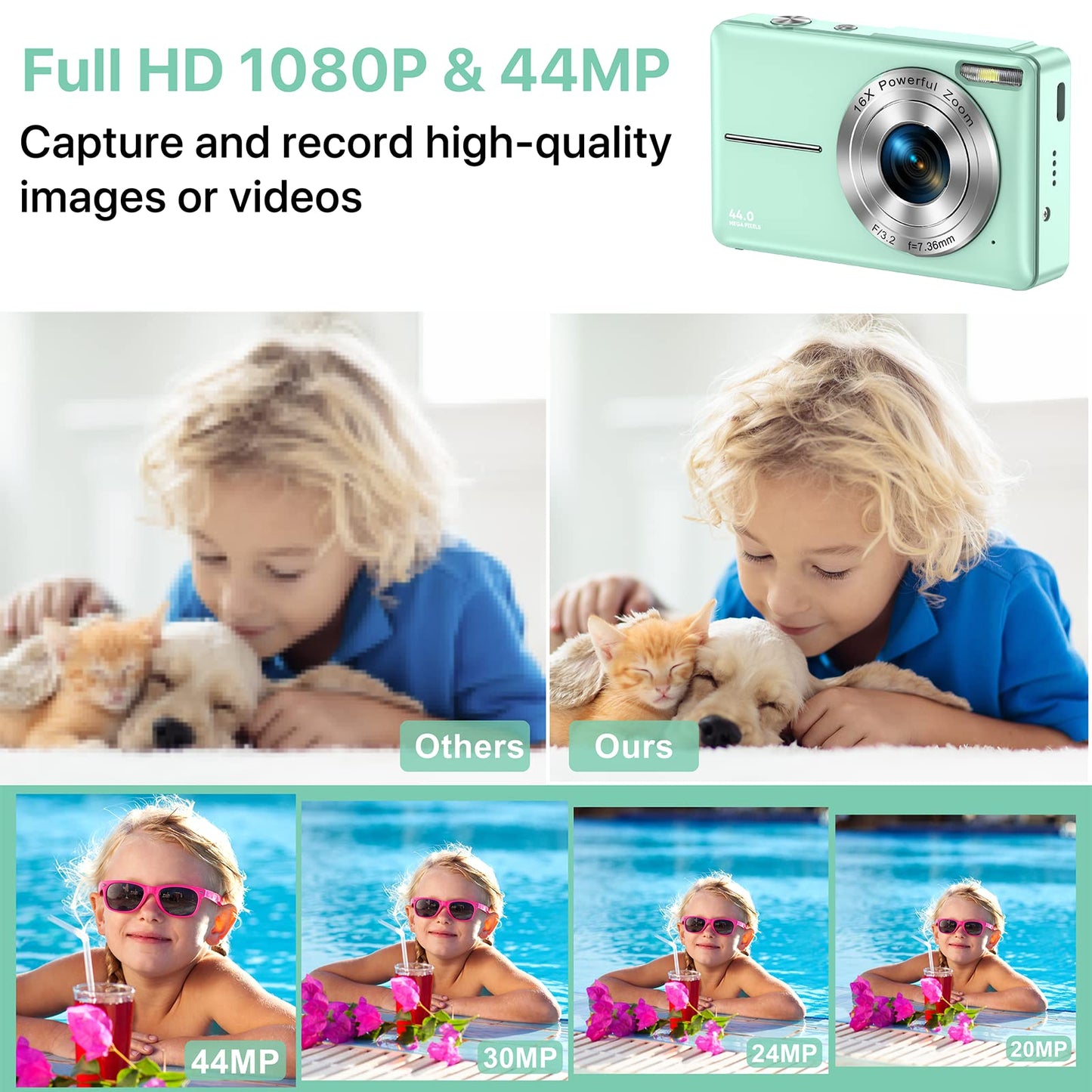 Digital camera 44MP 1080P HD photo camera with 32GB card, compact camera 16X digital zoom with 2 rechargeable batteries, camera for kids, teenagers, beginners, boys, girls (green)