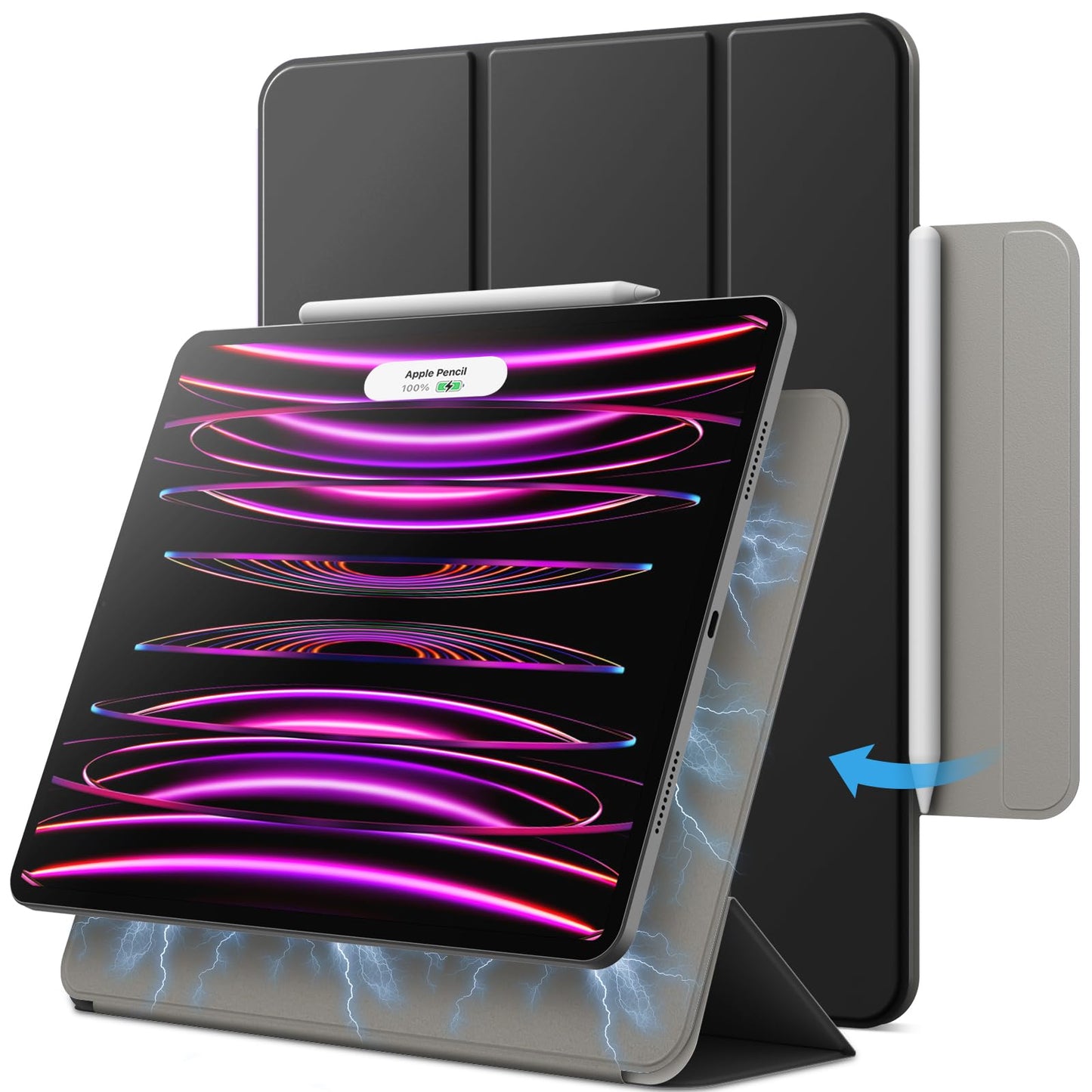 JETech Magnetic Case for iPad Pro 12.9 Inch 2022/2021/2020/2018 (6th/5th/4th/3rd Gen), 2nd Gen Pencil Charging, Case with Auto Wake/Sleep (Black)