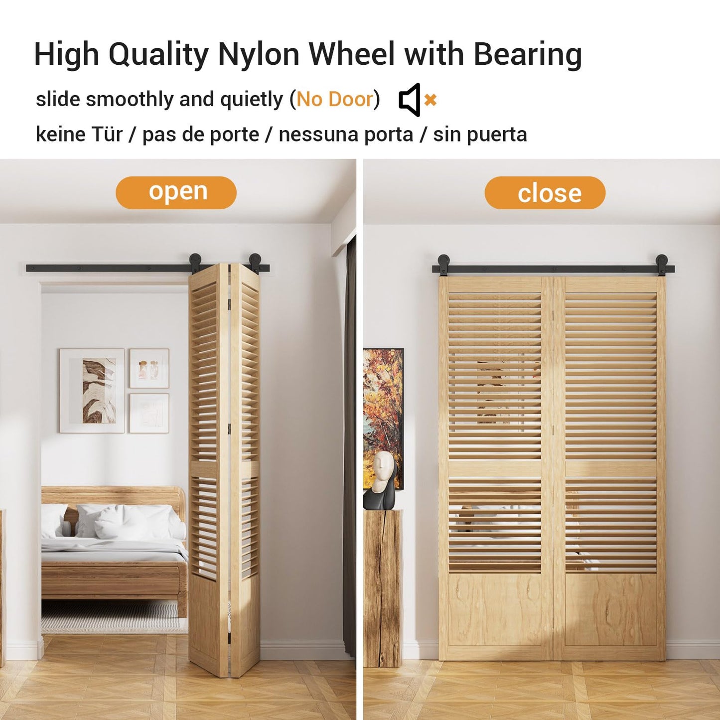 3.3FT (102cm) Bifold Sliding Door Hardware Kit for 2 wooden doors. Includes track, rollers, and top mount T guide in black color.