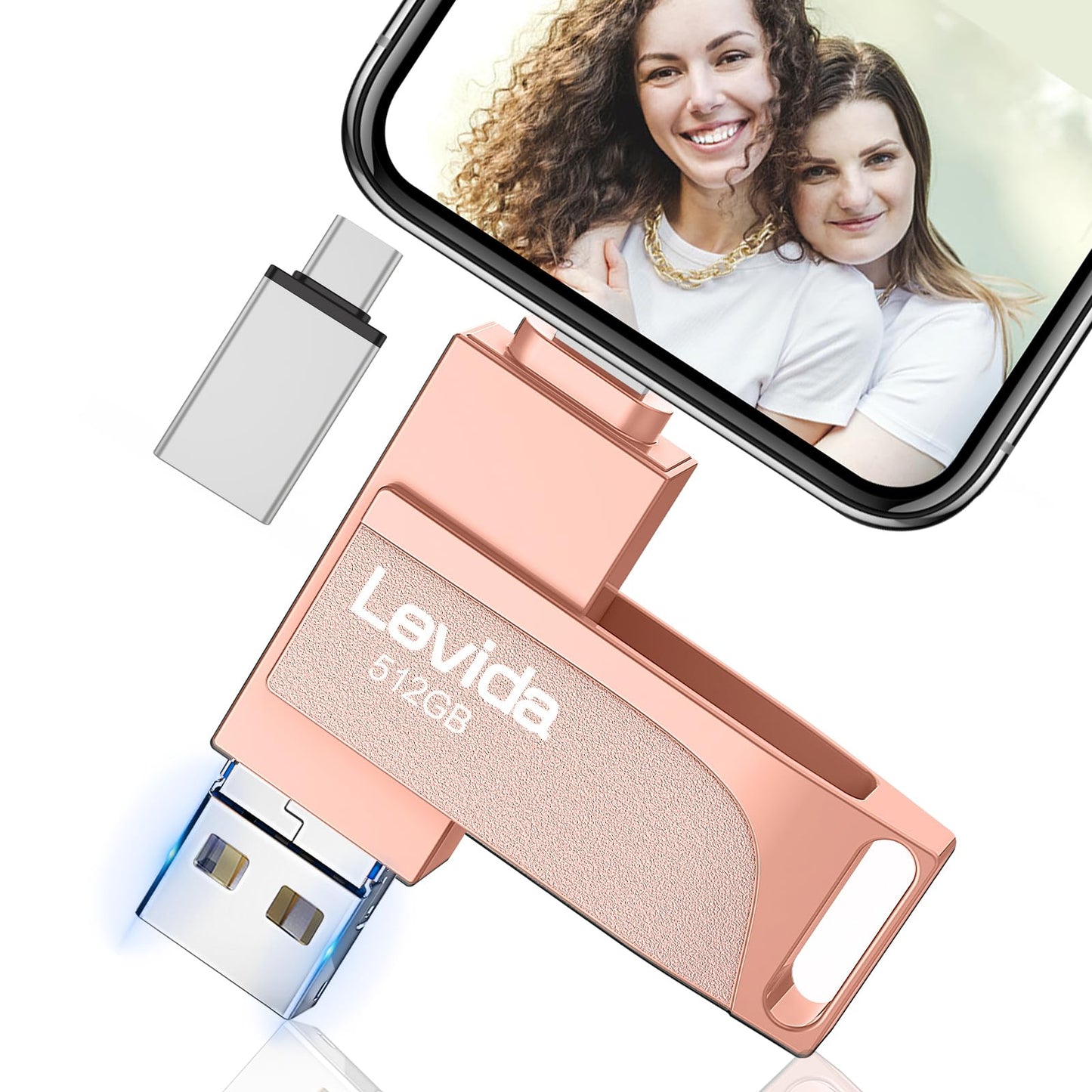 512GB USB stick for Phone, Levida flash drive, Photostick, External storage 4 in 1, Fotostick 3.0, Flash drive for mobile, iOS, Android, iPad, Laptop, PC (Mobile memory, Automatic photo backup), Light pink.