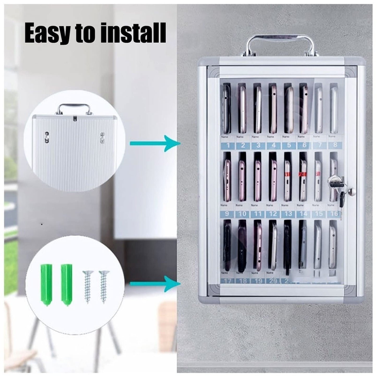 Mobile Safe Metal 12/24/36/48/60 Slots Mobile Transparent Door Lock Box Factory School Mobile Storage Cabinet (Color: 24)