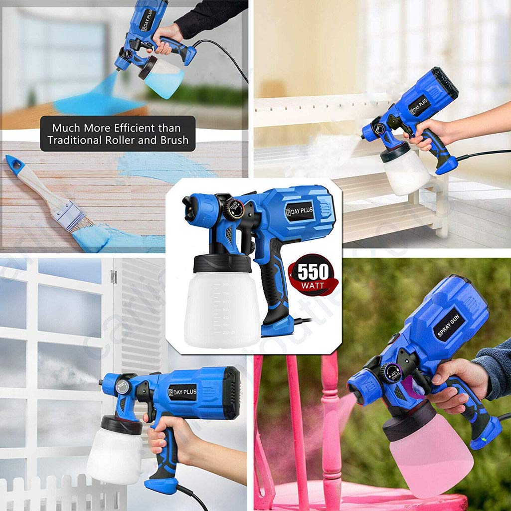 550W Paint Sprayer Electric Spray Gun with 3 spray patterns, 800ml capacity, 100-450ml/Min, adjustable airflow, and color control.