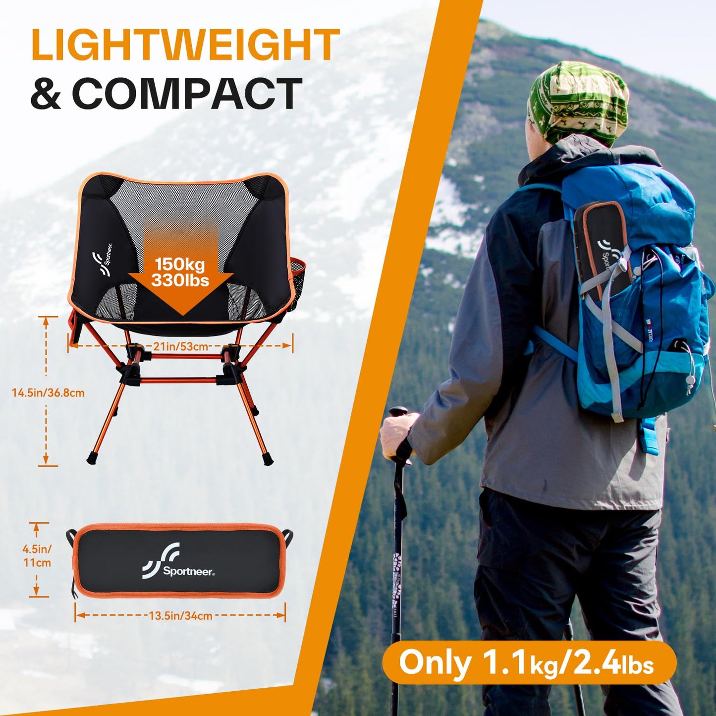 Sportneer folding camping chair is lightweight and portable, supporting up to 150kg. Compact and easy to carry with a carrying bag, perfect for picnics, outdoor activities, and hiking. Available in orange.