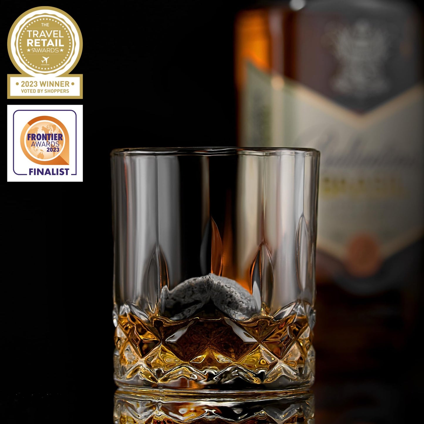 Whiskey Stones Set - 6 Handcrafted Round Granite Whiskey Stones - 2 Crystal Whiskey Glasses - Presentation and Storage Board made of Hardwood - Whiskey Gift Set Box with Gold Foil by Rocks