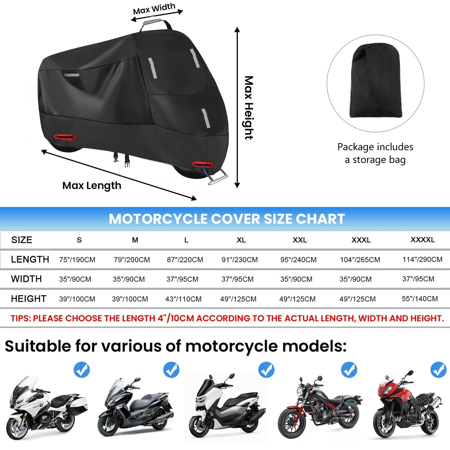 Motorcycle Cover Outdoor 300D Motorbike Cover Scooter Cover Waterproof Moped Garage with 5 Reflective Stripes and 2 Lock Holes, 2 Windproof Buckles, and 1 Pocket (XXL: 240x90x125cm)