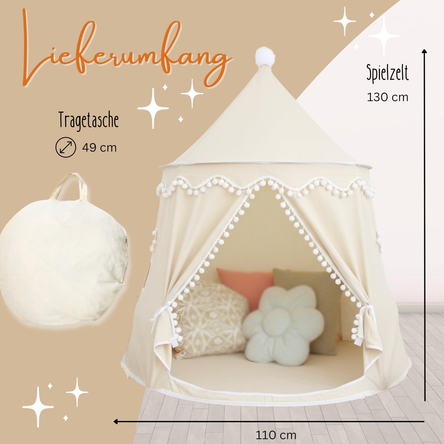 LIONHERZ® THE ORIGINAL play tent for kids, breathable cotton & hemp | Fairy tale castle with fiberglass poles and carrying bag | sturdy teepee for boys girls (cream white, without accessories)
