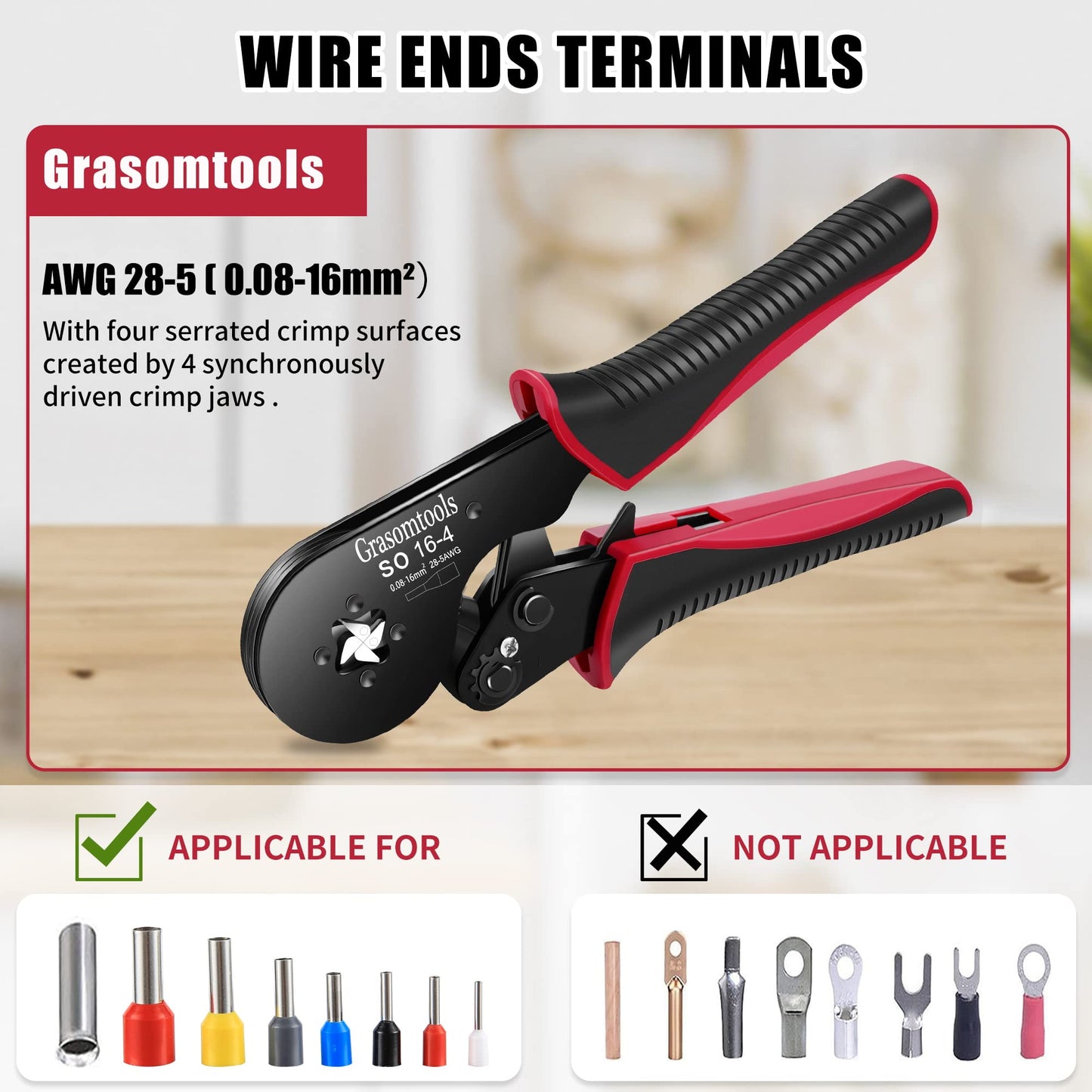 Wire end sleeves crimping pliers, 0.08-16mm²/AWG 28-5 crimping tools, wire crimping pliers, self-locking ratchet crimping pliers, 16mm² bootlace wire end sleeves crimping pliers.