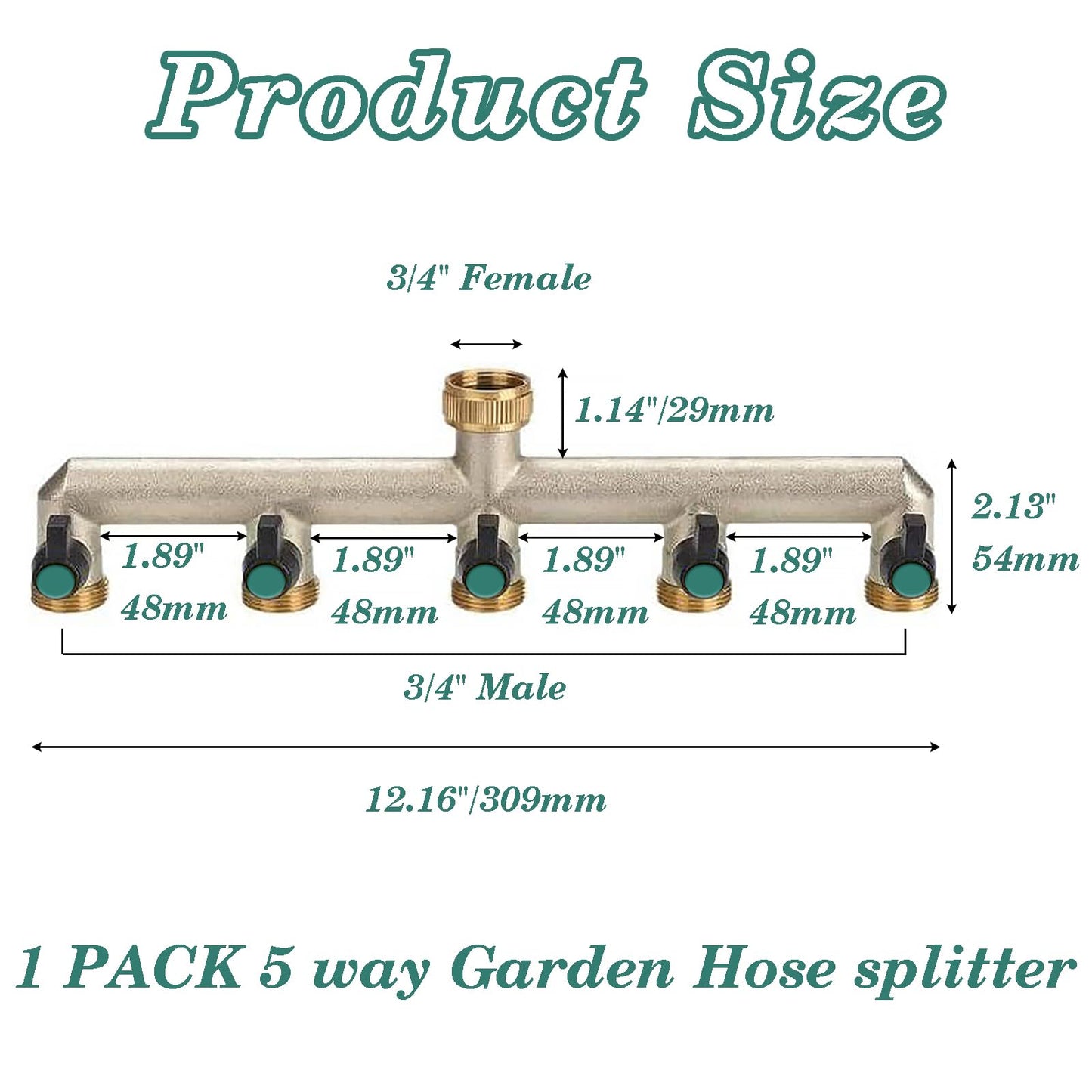 Brass water connection splitter 5-way splitter water 3/4 inch for 5 devices/garden hoses, hose splitter faucet splitter with ball valve for adjusting and shutting off water flow.