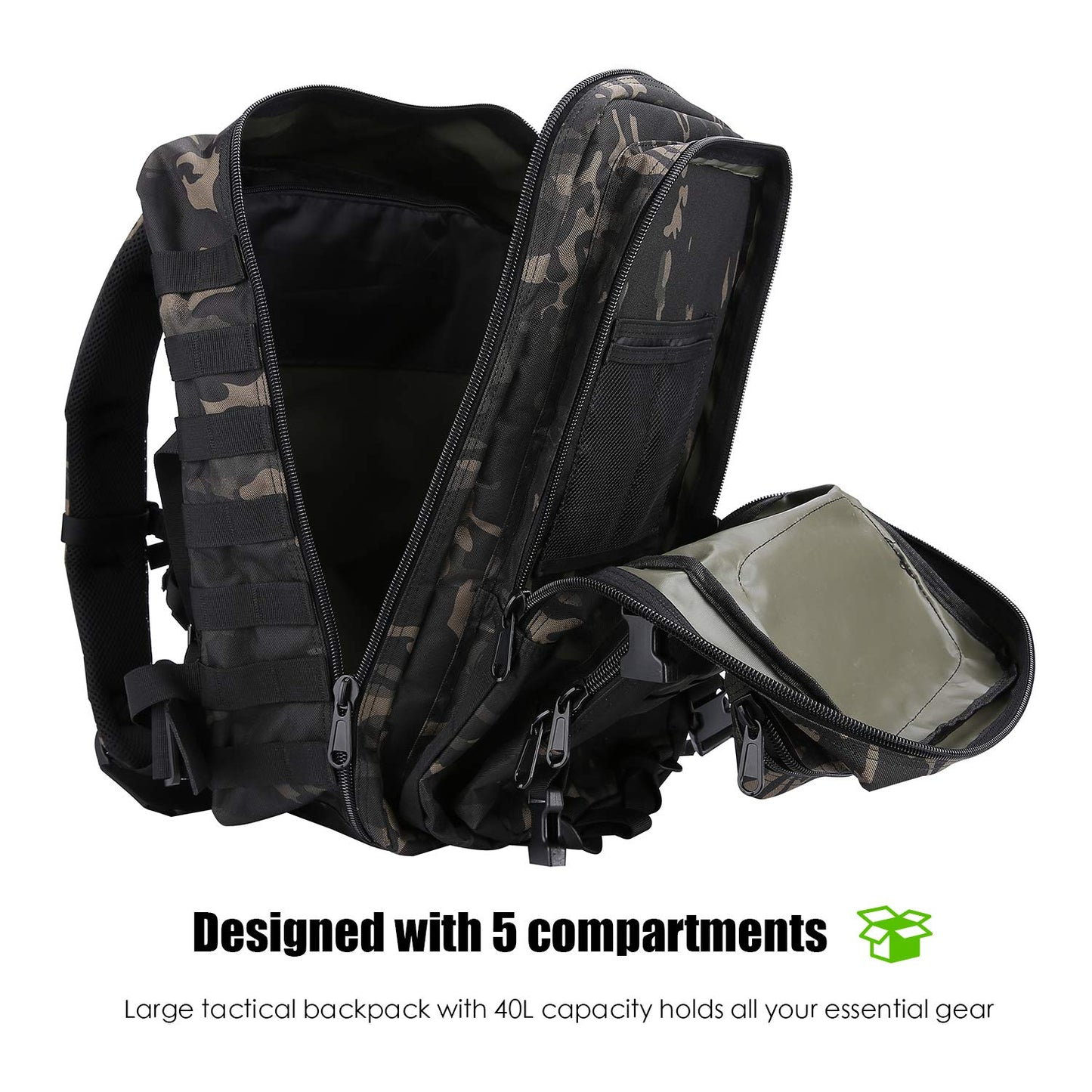 ProCase 40L Military Tactical Backpack, Large Capacity 3-Day Army Assault Pack Bag Go Bag Backpack for Hiking, Hunting, Trekking, Camping, and other Outdoor Activities - Camo Black