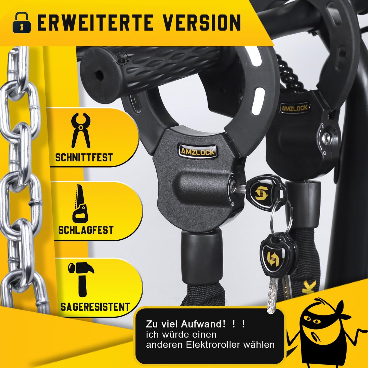 AMZLOCK E-Scooter lock with bag, handcuff lock for E-Scooters, 8mm thick chain lock
