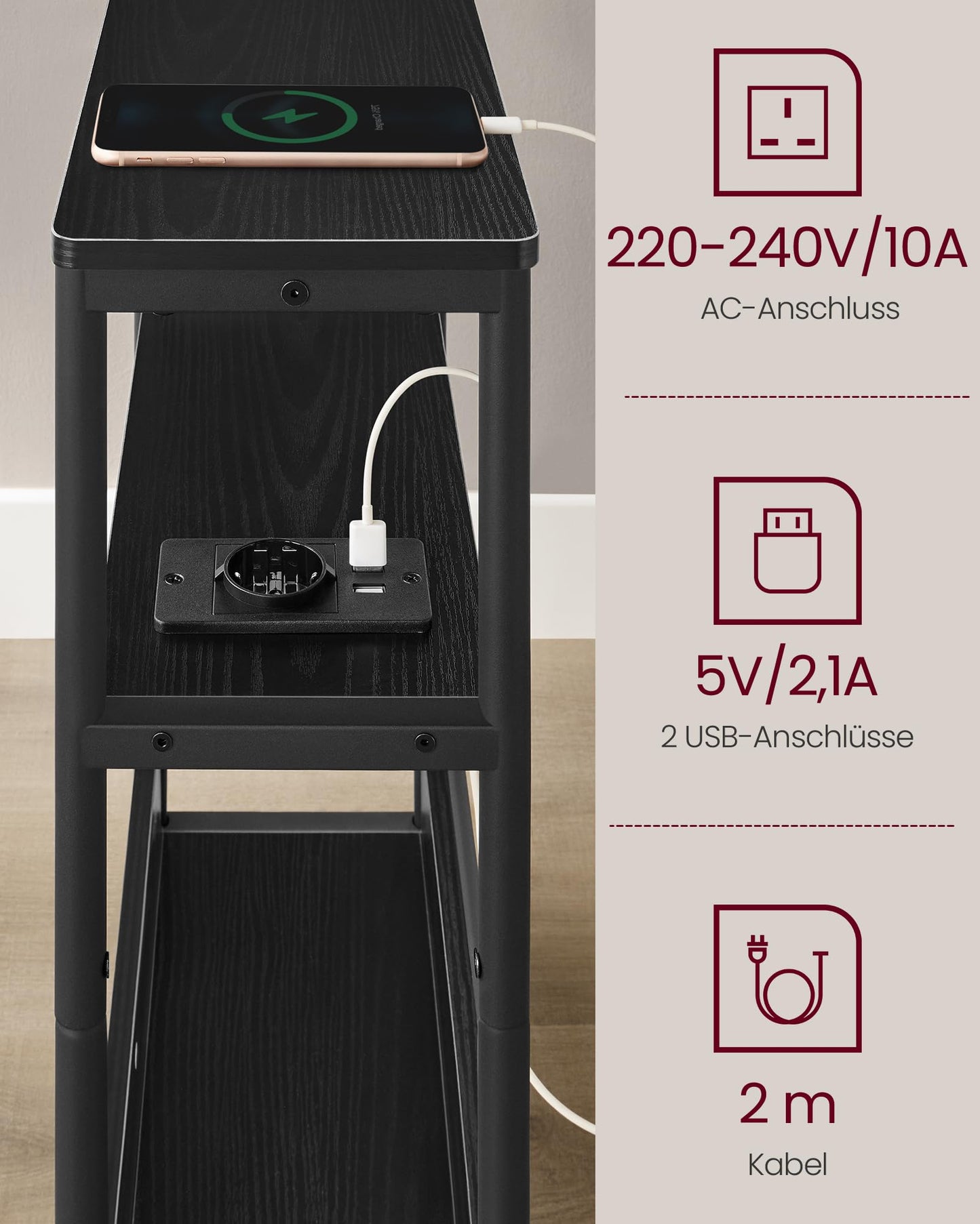 VASAGLE Narrow Side Table, Nightstand with Charging Function, Small Coffee Table, 3 Shelves, Magazine Holder, for Living Room, Bedroom, Home Office, Ebony Black-Ink Black LET335B02