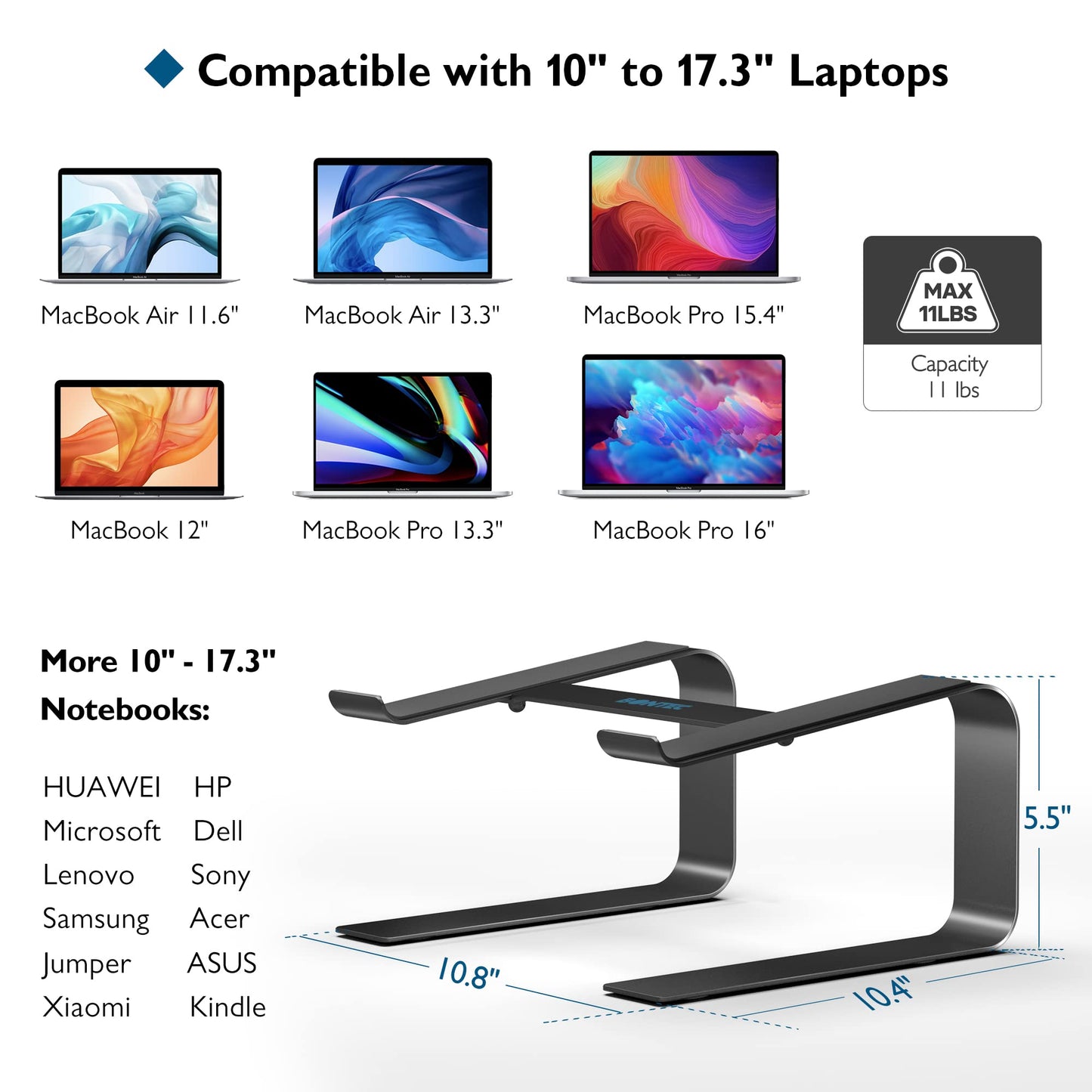 BONTEC Ergonomic Laptop Stand for Desk, Notebook Stand Compatible with Most 10-17.3 inch Laptops, Black