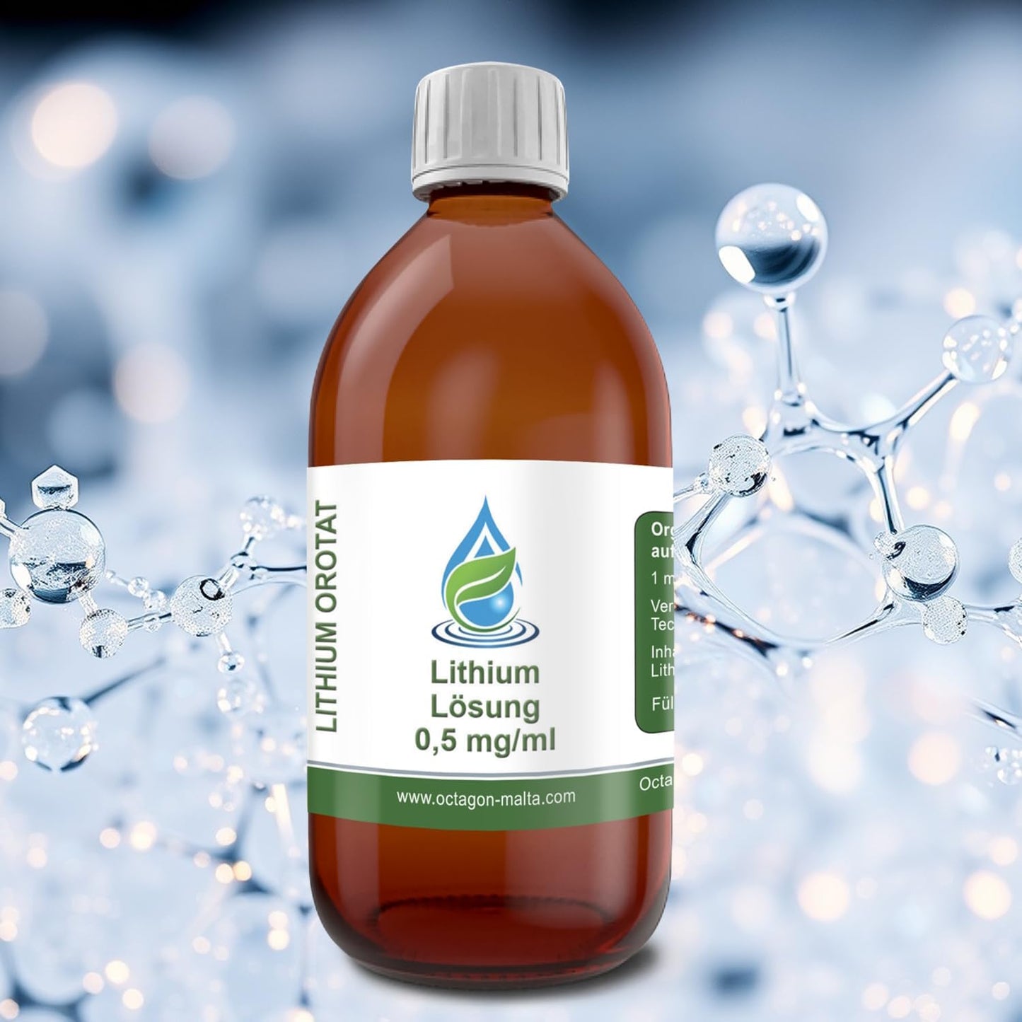 Lithium Orotate Solution 200 ml - 0.5 mg Lithium per 1 ml - High-purity Lithium Orotate >99% - 500 ppm Elemental Lithium - Laboratory glass bottle with precision pipette - Made in Germany