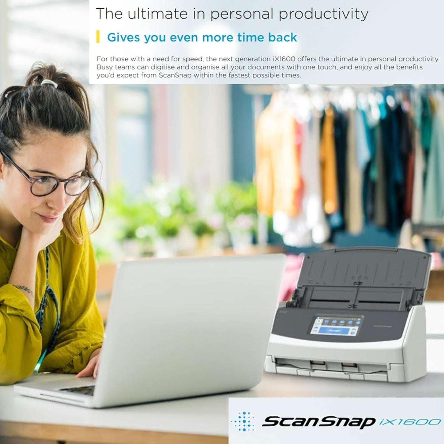 iX1600 ScanSnap Scanner (White) - A4, A5, A6, B5, B6, business card, postcard, letter, legal, and custom sizes, duplex, Wi-Fi, USB3.2, (40 pages/80 images/min) with ADF, White, ADF, 40 ppm