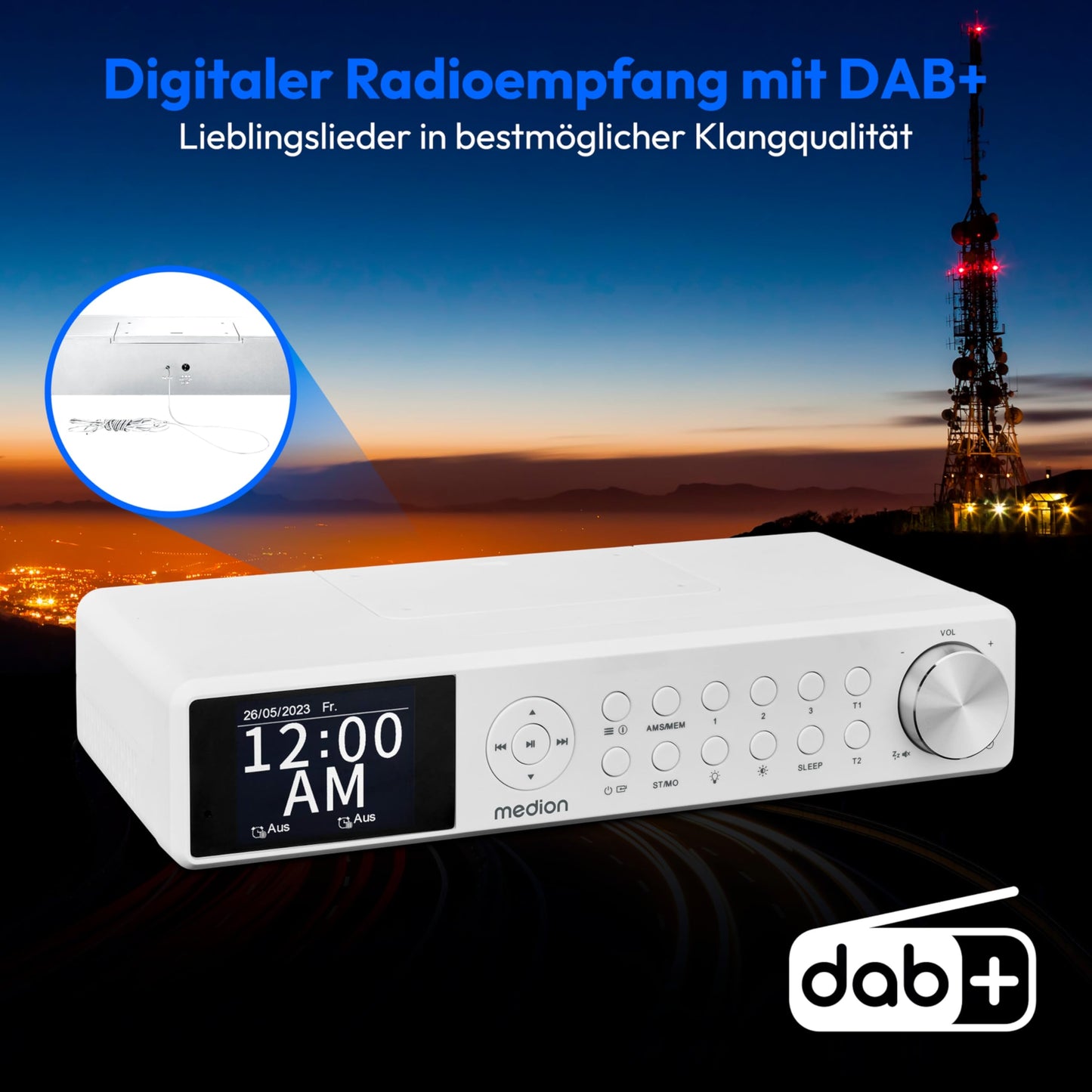 MEDION P66750 Kitchen under-cabinet radio (DAB+ kitchen radio, PLL FM radio, dimmable TFT color display, cooking timer, Bluetooth, LED strip, including mounting material) white