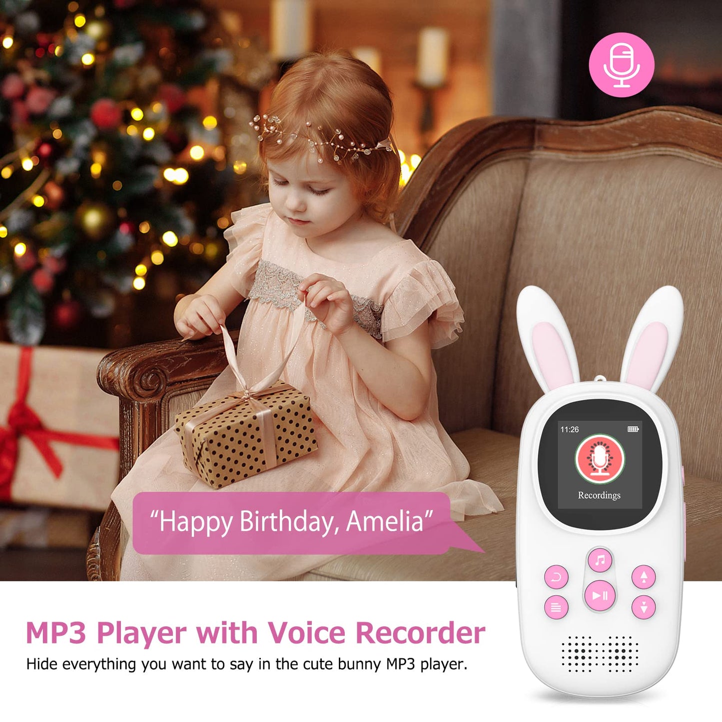 32GB Bluetooth MP3 Player for Kids, Cute Bunny Children's Music MP3 Player with Headphones & Speaker, MP3 Player with FM Radio, Recording, Alarm, Pedometer, Stopwatch, Supports up to 128GB.