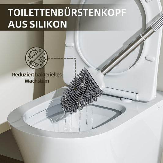 ASOBEAGE Silicone Toilet Brush: Flexible head, stainless steel handle, wall-mounted, quick-drying holder for bathroom cleaning (White)