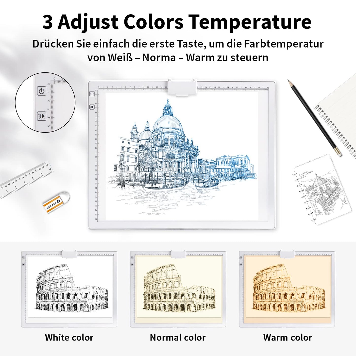 A3 light table, rechargeable LED light pad with 3 color modes and 6 brightness levels. Ideal for tracing, diamond painting, drawing, and sketching.