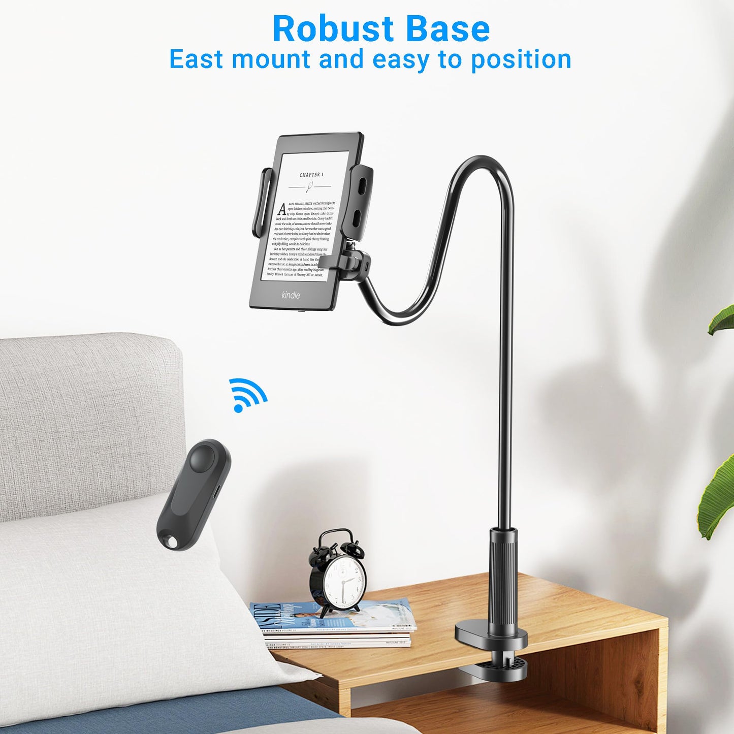 Kefotic swan neck holder for Kindle, for reading in bed, with remote page turner, hands-free desk, nightstand, lazy arm stand for Kindle accessories, gifts for readers.