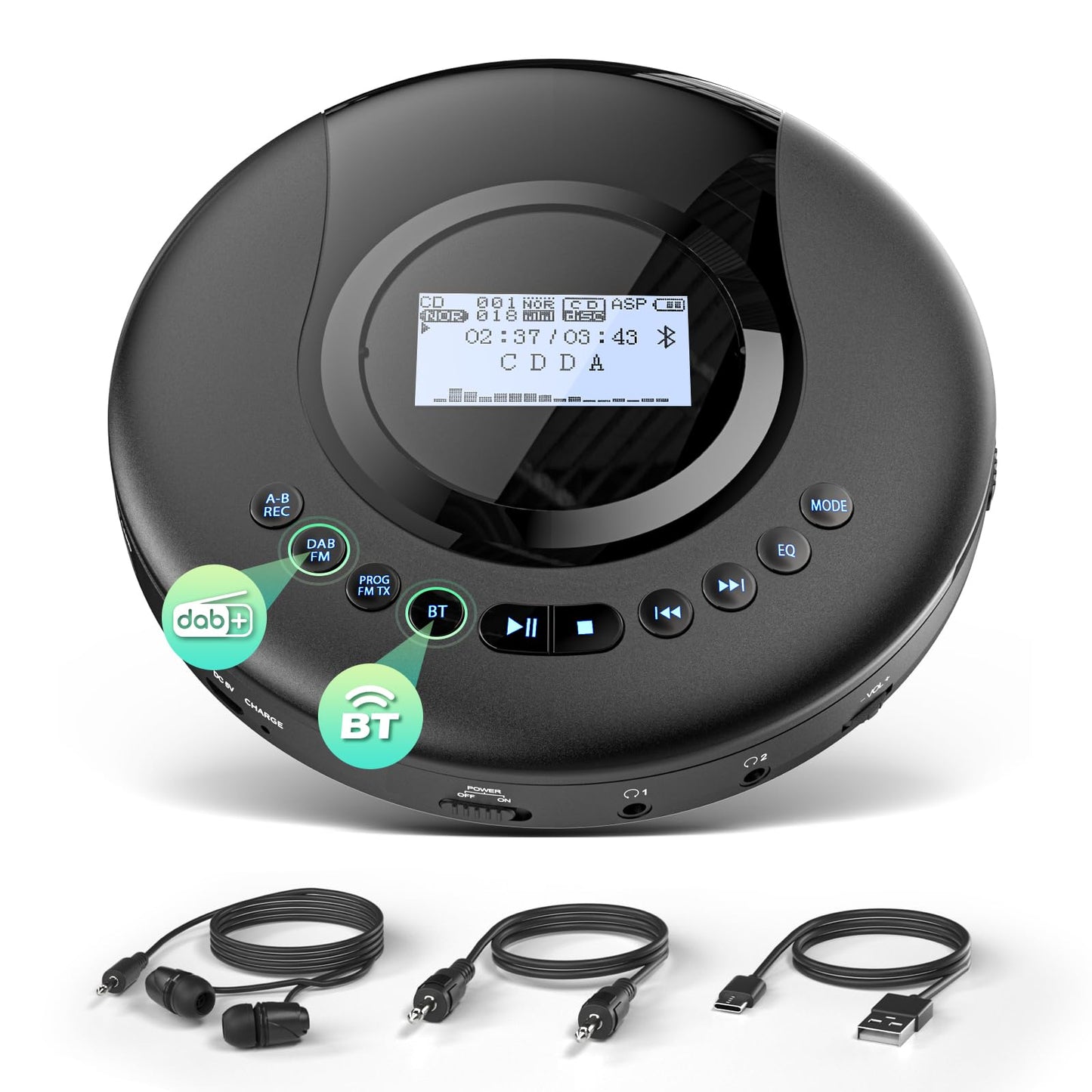 Arafuna Portable CD Player with DAB+/FM Radio, CD Player Bluetooth with Audiobook function, Discman for car, Anti-shock, built-in 2000mAH battery.