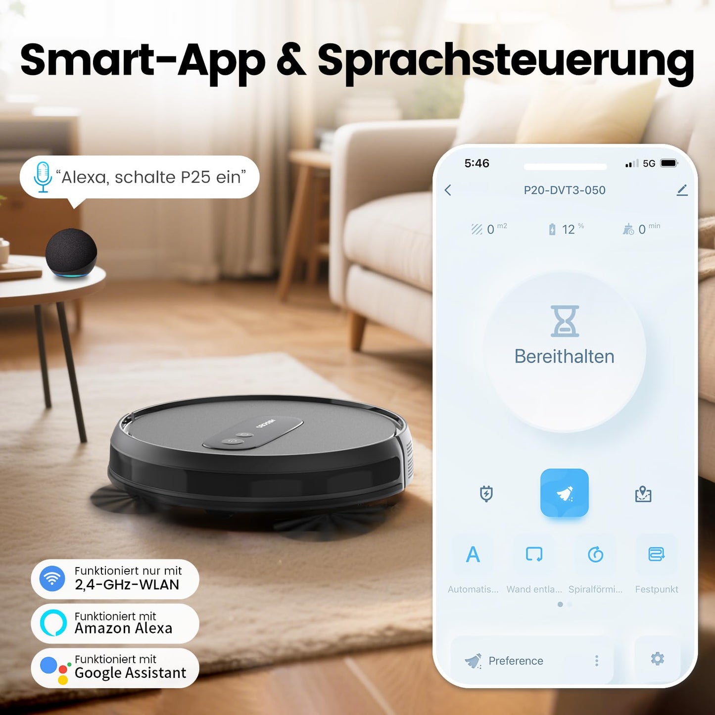 AIRROBO P25 robot vacuum cleaner with 2800 Pa suction power, suitable for pet hair, hard floors, and carpets. Compatible with Alexa and app control, with a running time of 120 minutes and a remote control.