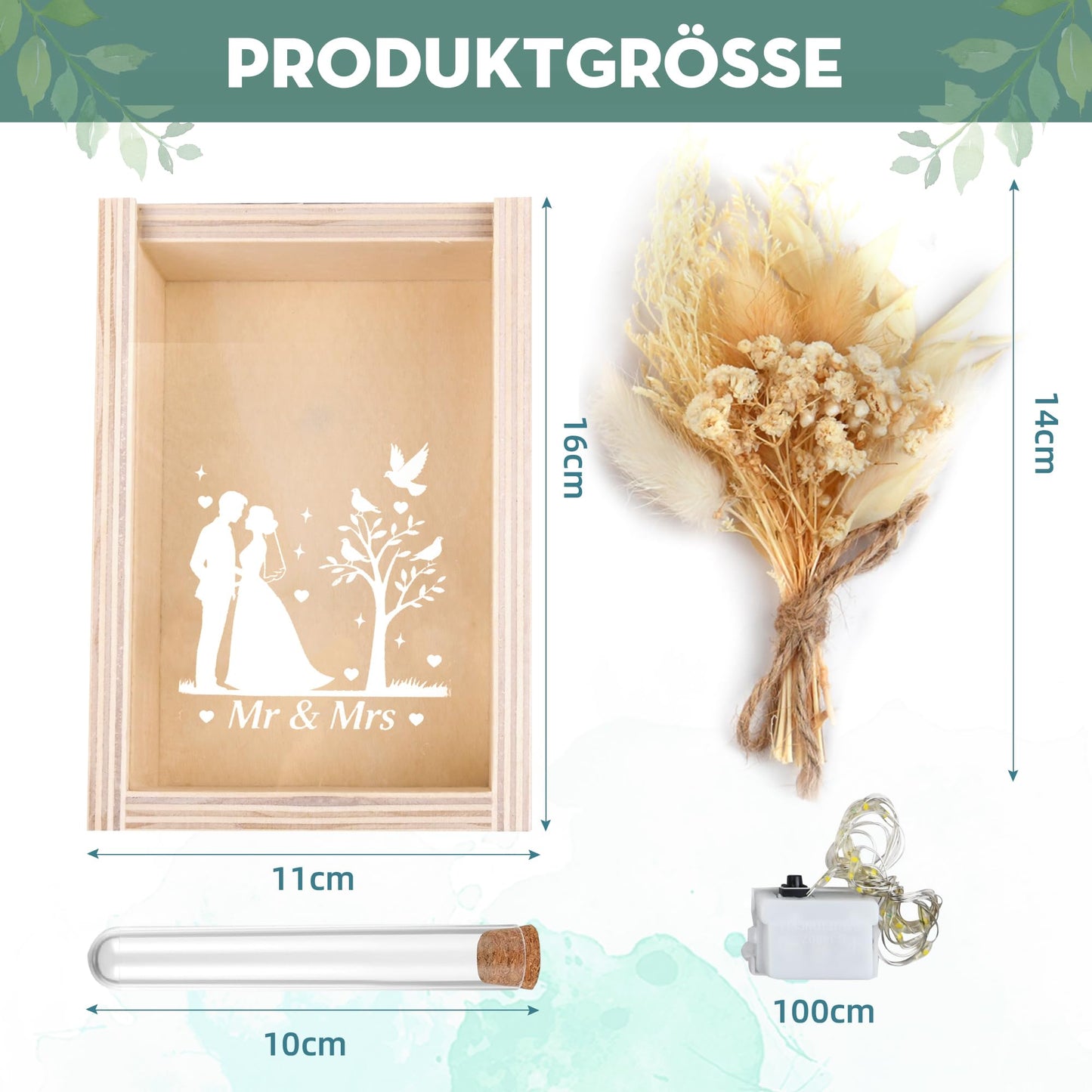 Wedding gifts for couples, wooden wedding gift money box including dried flowers, wooden box, plastic test tube, fairy lights, wedding day, wedding gift money.