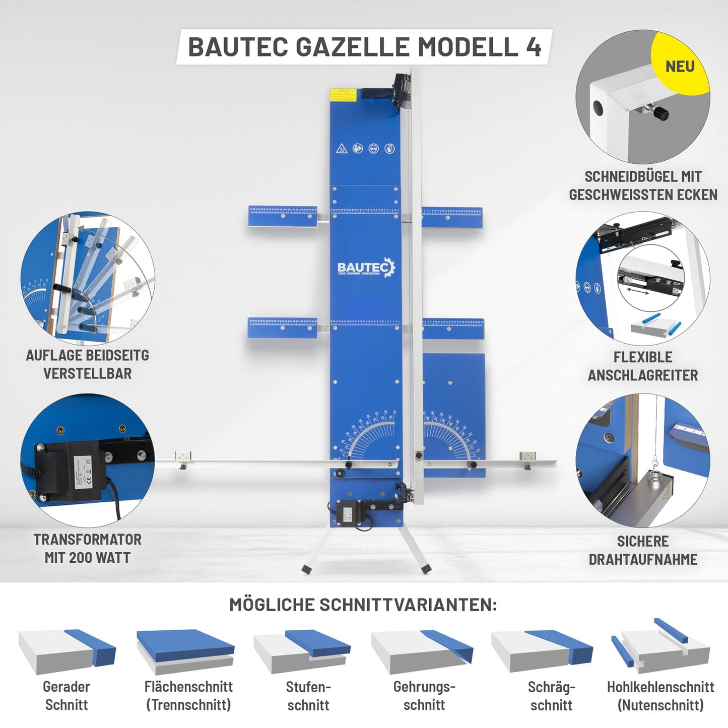 BAUTEC GAZELLE Model 4 » Styrofoam Cutter 200 Watt / 1,300mm » extended edition » includes 10 cutting wires, scaffold holder, 6 Styrogrips, sanding rasp, toolkit » Hot wire cutter