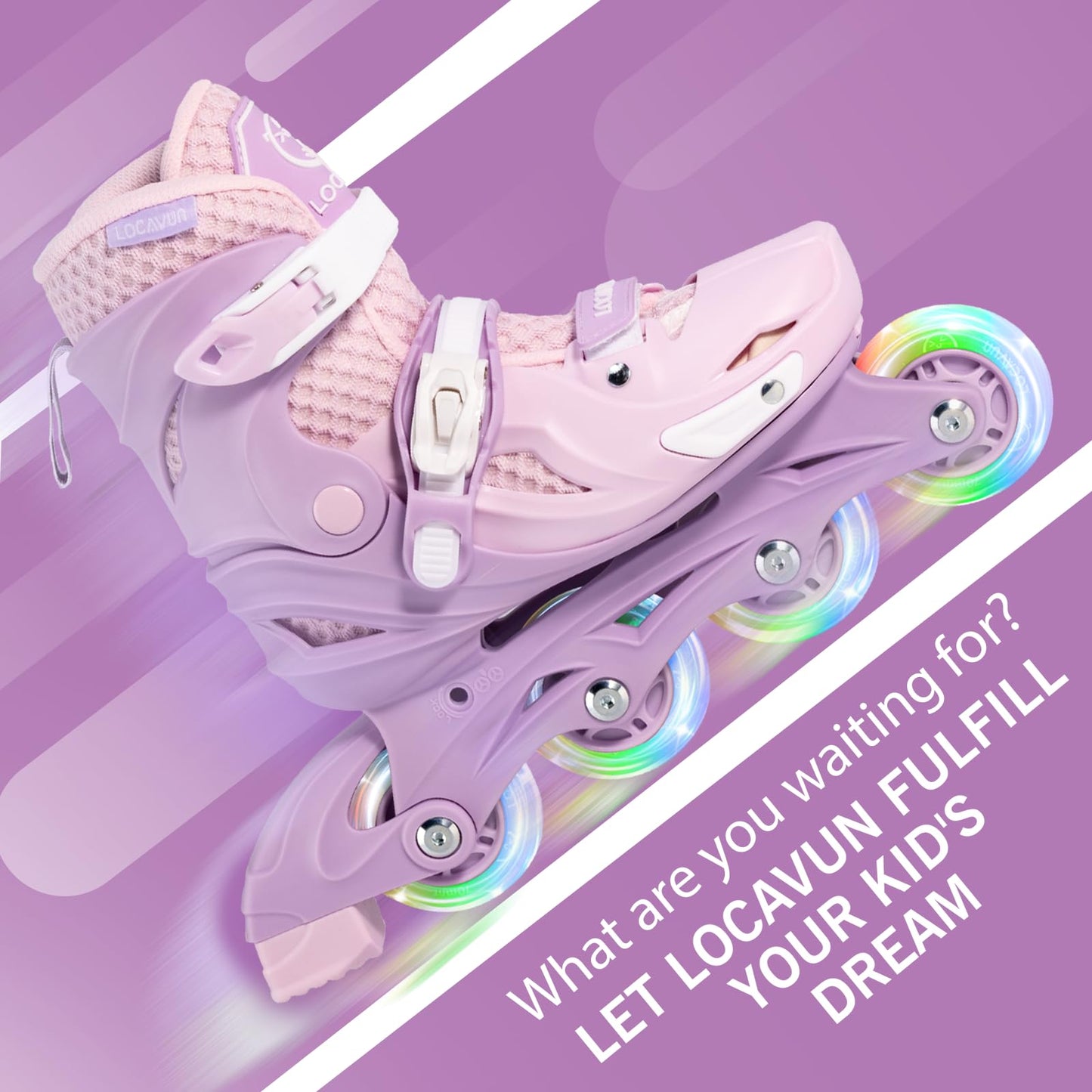 Locavun Kids Inline Skates 4 Sizes Adjustable Inline Skates for Girls Size 26-29 29-34 30-35 Inline skates with 82A PU wheels Rollerskates.
