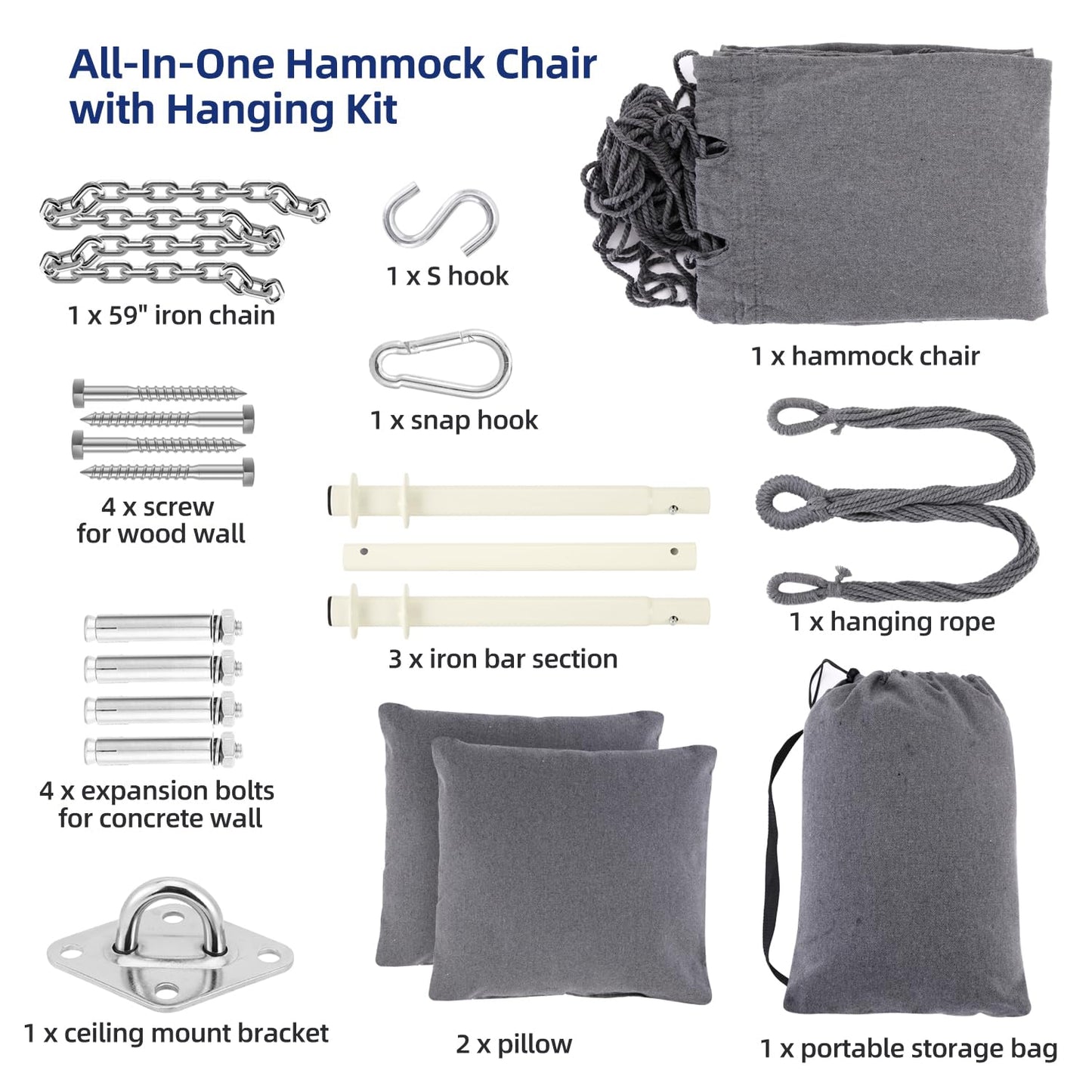Ohuhu Hanging Chair with 2 Pillows and Ceiling Hook Kit, Outdoor XL Hammock Chair for Adults & Kids up to 150kg, Hammock Swing Suspension for Indoor/Outdoor Bedroom and Garden, Gray