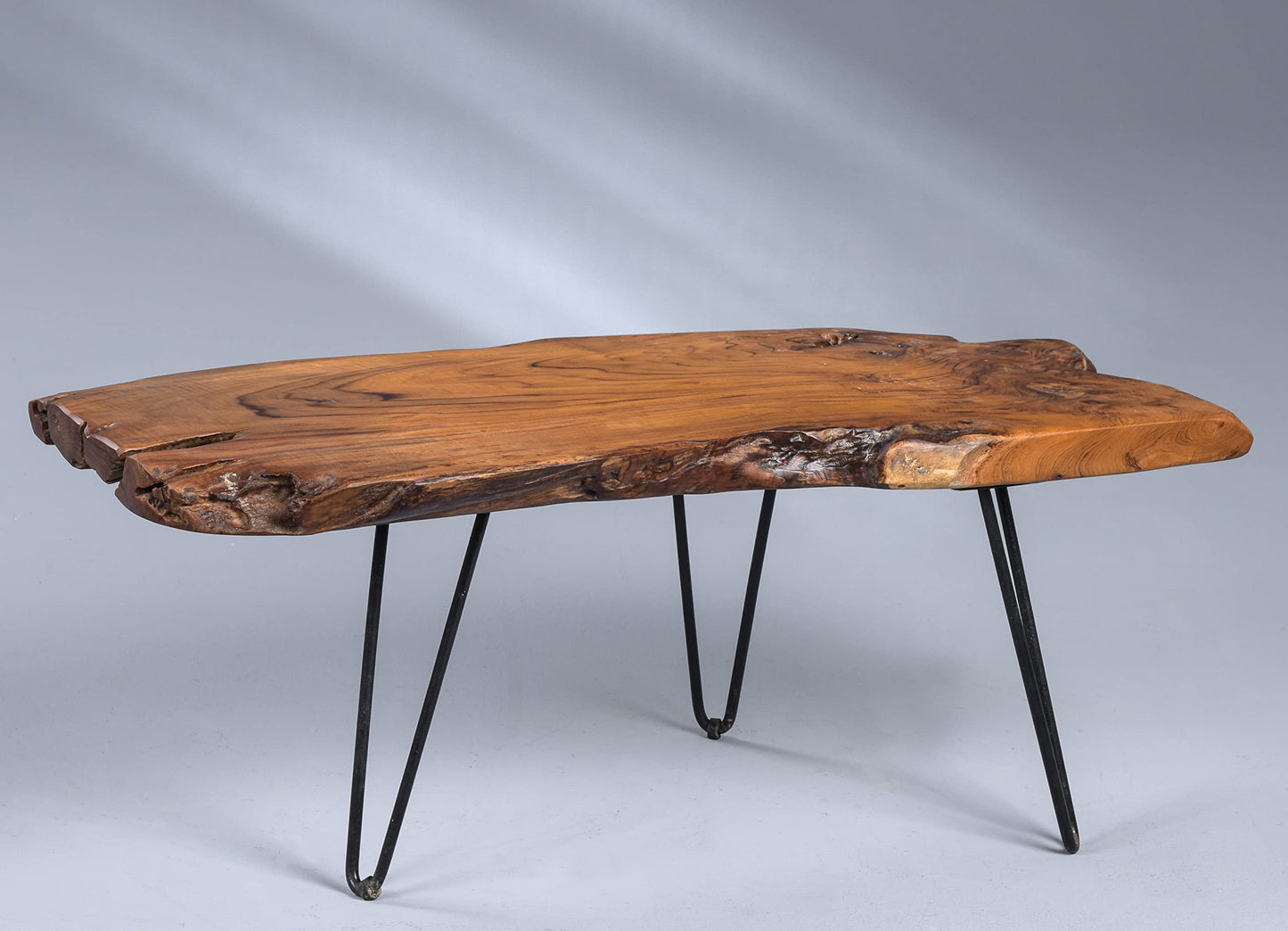 M2 Collection Tallus Coffee Table - Solid teak wood, 100 x 40 x 40 cm I Natural finish I Black metal legs I Unique piece, Brown.