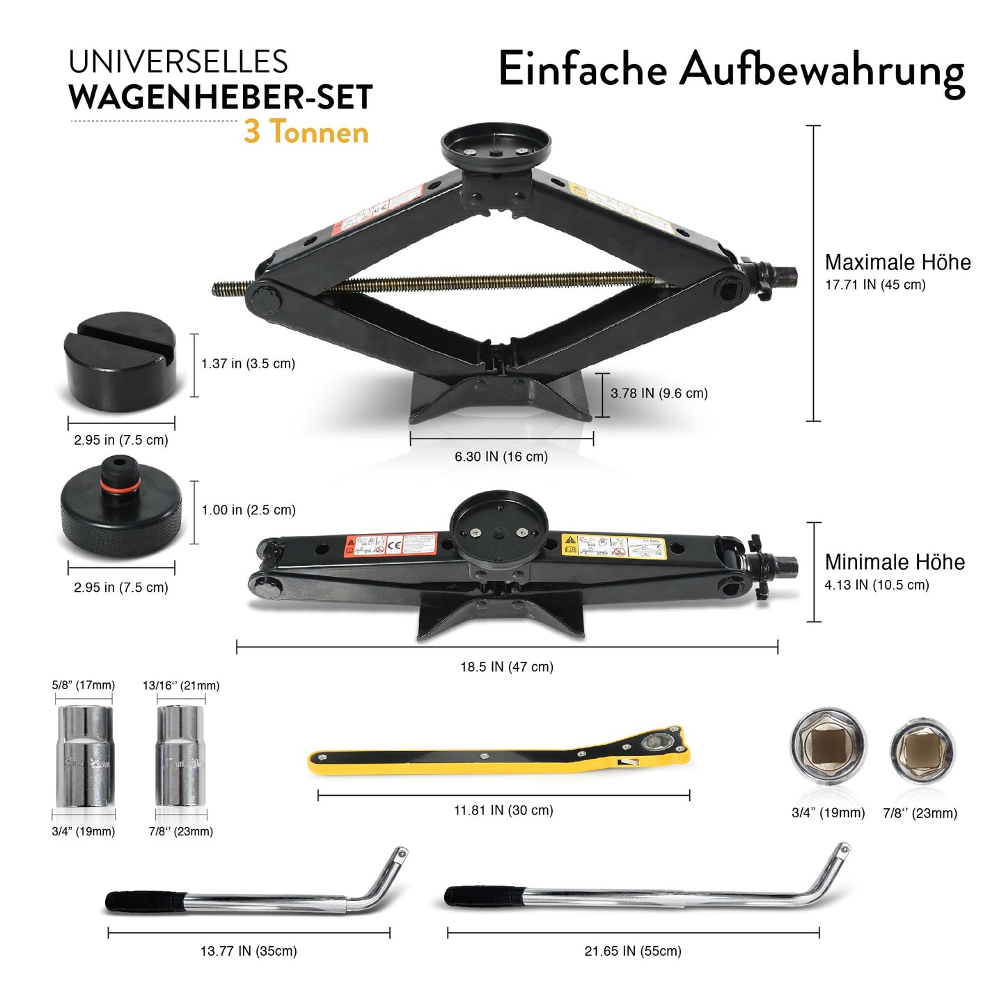 Jack with wheel brace & Tesla pad and universal rubber pad 3 tons (3000 kg) - scissor jack for car and SUV - car jack set - portable, ideal for maintenance and repair