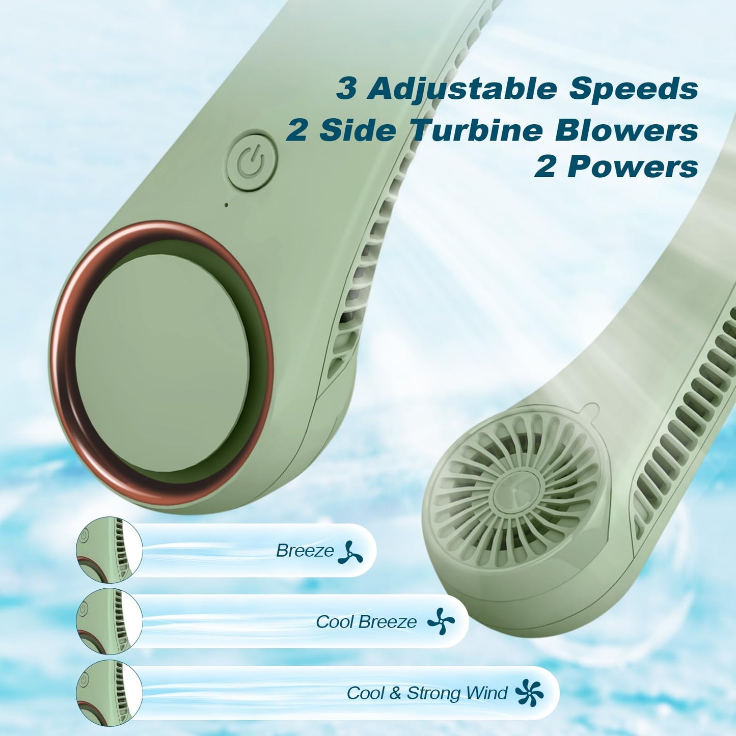 CIVPOWER Portable Neck Fan, hands-free fan, cooler, personal fan, 3 speed settings, USB powered neck fan for outdoor and indoor use, light green