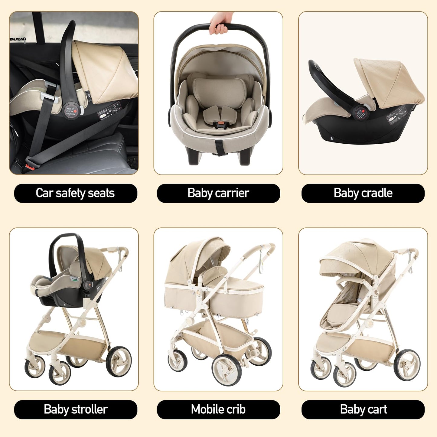 Gcarebb PU Leather 3 in 1 Stroller, Buggy with Car Baby Seat, One-click Foldable Portable Stroller Complete Set, Combo Stroller with Aluminum Frame for Newborns 0-4 Years