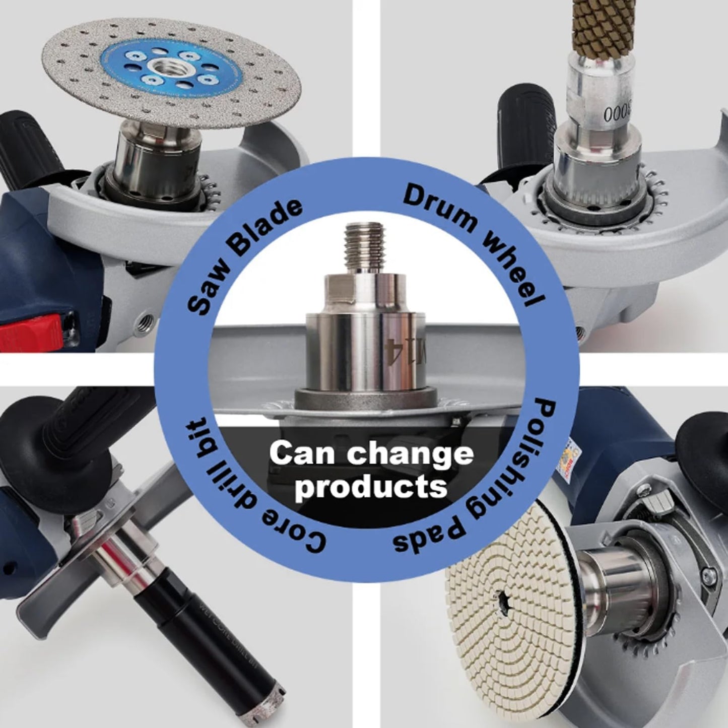 Angle grinder accessory, M14 X-LOCK adapter with M14 locking nut for attaching to M14 thread. Suitable for angle grinder cutting blade diamond bit stainless steel adapter + M14 flange locking nut.