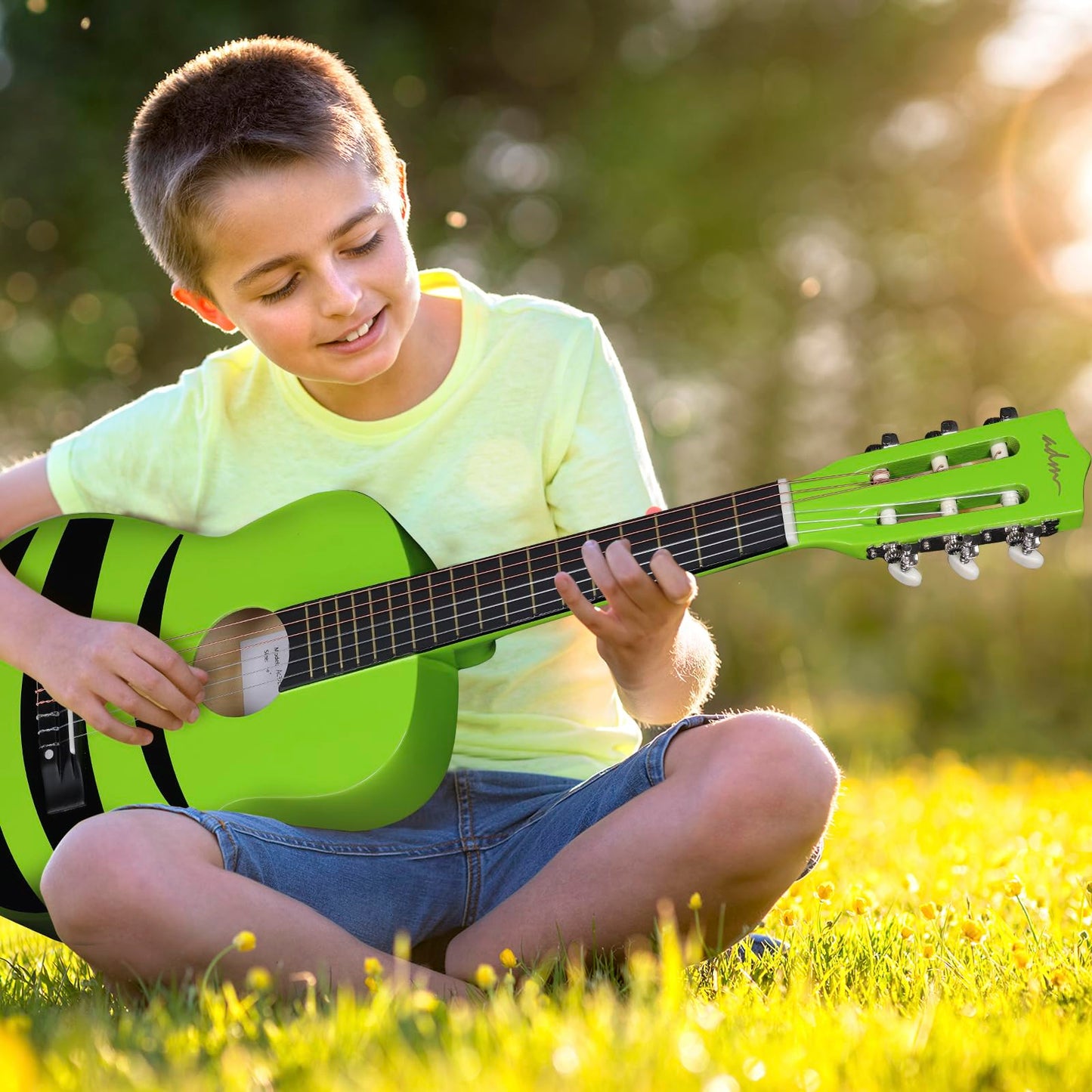 ADM 1/4 Children's Guitar Junior Classical Guitar for Beginners with Tuner, Bag, Strap, Extra Strings, and Picks, Green Honeybee