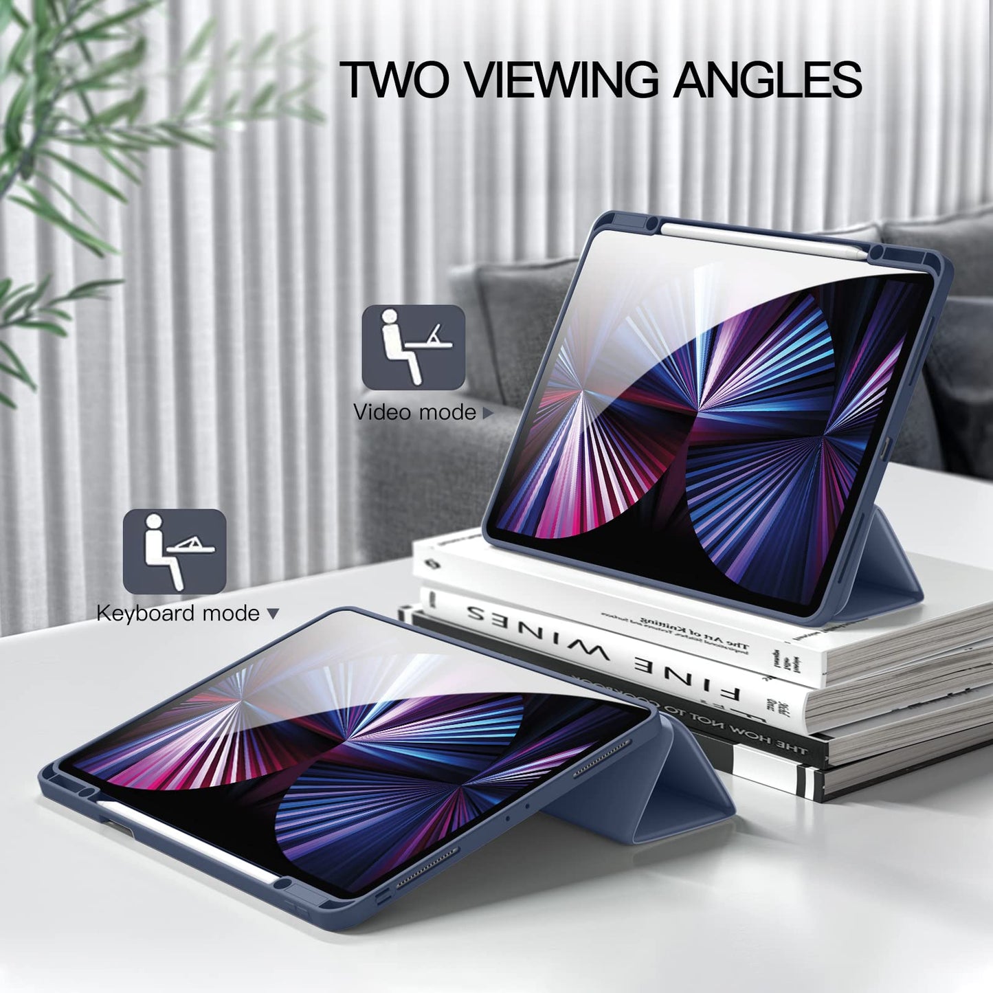Vobafe case compatible with iPad Pro 12.9 6/5/4/3 generation, TPU flexible back with pencil holder for iPad Pro 12.9 2022/2021/2020/2018, supports Pencil 2 charging, blue gray.