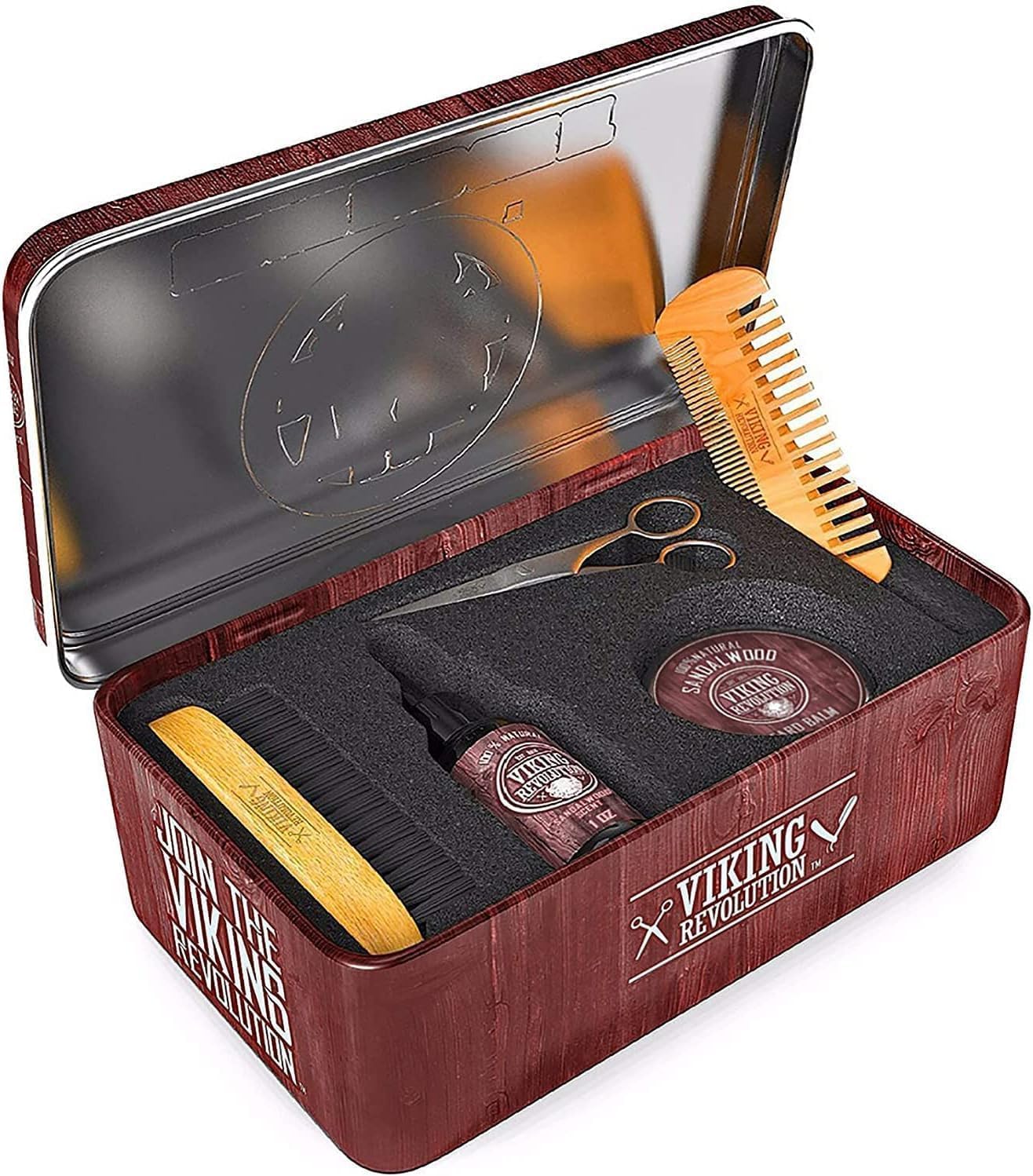 Viking Revolution Beard Care Kit for Men - Ultimate set with 100% boar bristle beard brush, wooden beard comb, beard balm, beard oil, mustache & beard scissors - Gifts For Men - Sandalwood