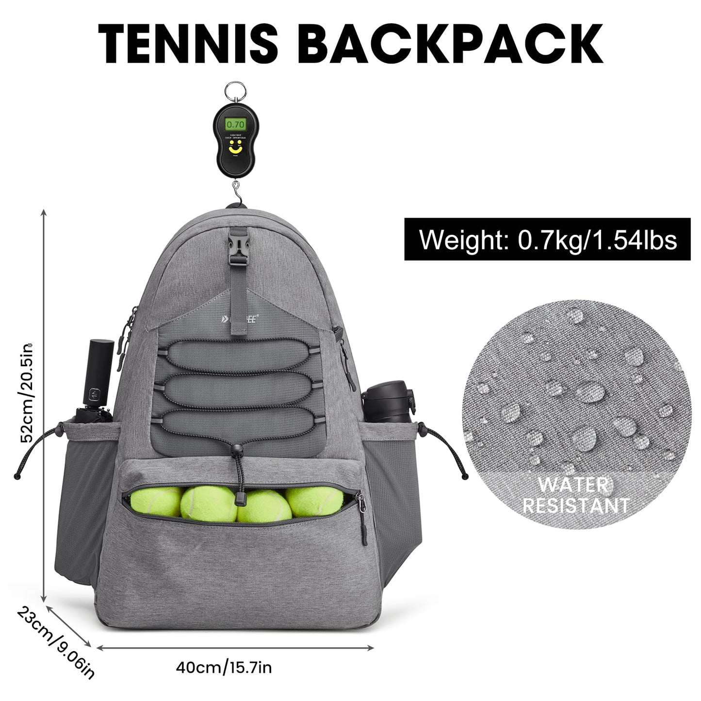 G4Free Tennis Bag, Tennis Backpack for men and women, large Pickleball bag, holds 4 rackets with shoe compartment, grey, L, Casual daypack