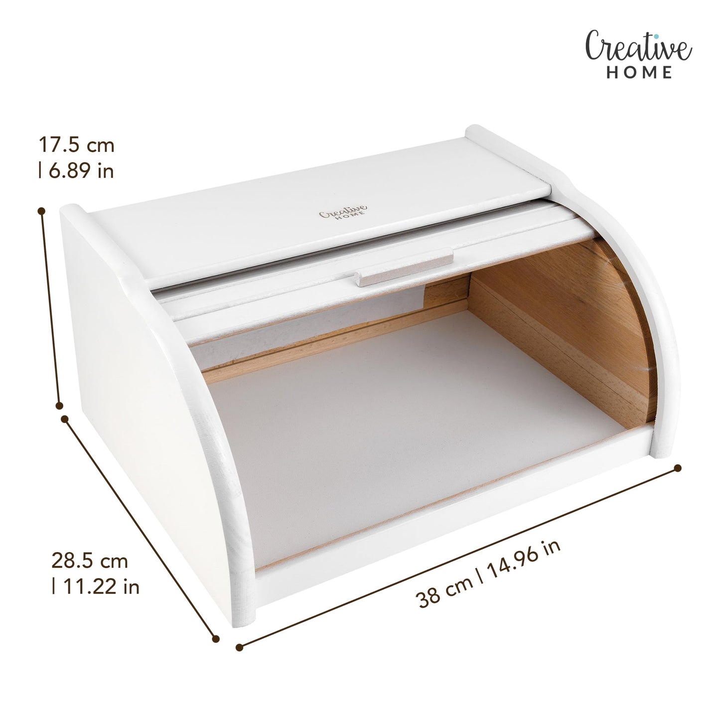 Creative Home White Bread Box Wood | 38 x 28.5 x 17.5cm (+/-1cm) | Perfect BreadBox for Bread Rolls Cakes | Bread Bin with Roll Lid | Natural Bread Storage| Bread Container for Any Kitchen