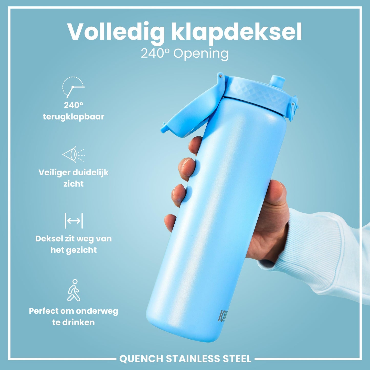 ION8 1 Liter Lightweight Stainless Steel Water Bottle, Non-Insulated, Leak-proof, One-handed opening, Secure locking, Dishwasher safe, Flip lid, Carry handle, Easy to clean, Alaskan Blue