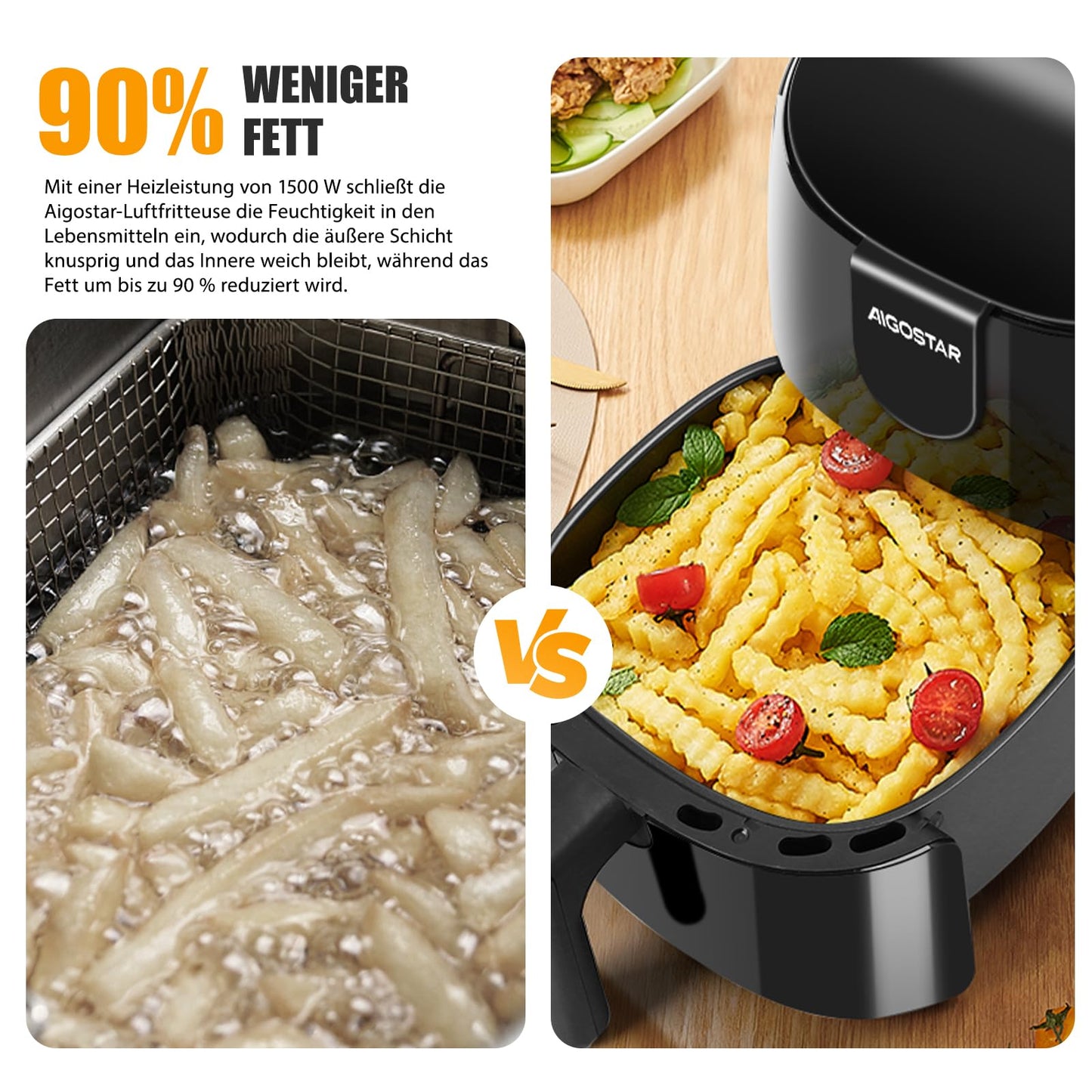 Aigostar Air Fryer 4L, large capacity hot air fryer, oil-free, 8 menu options, LED touchscreen, 1500W, BPA-free.