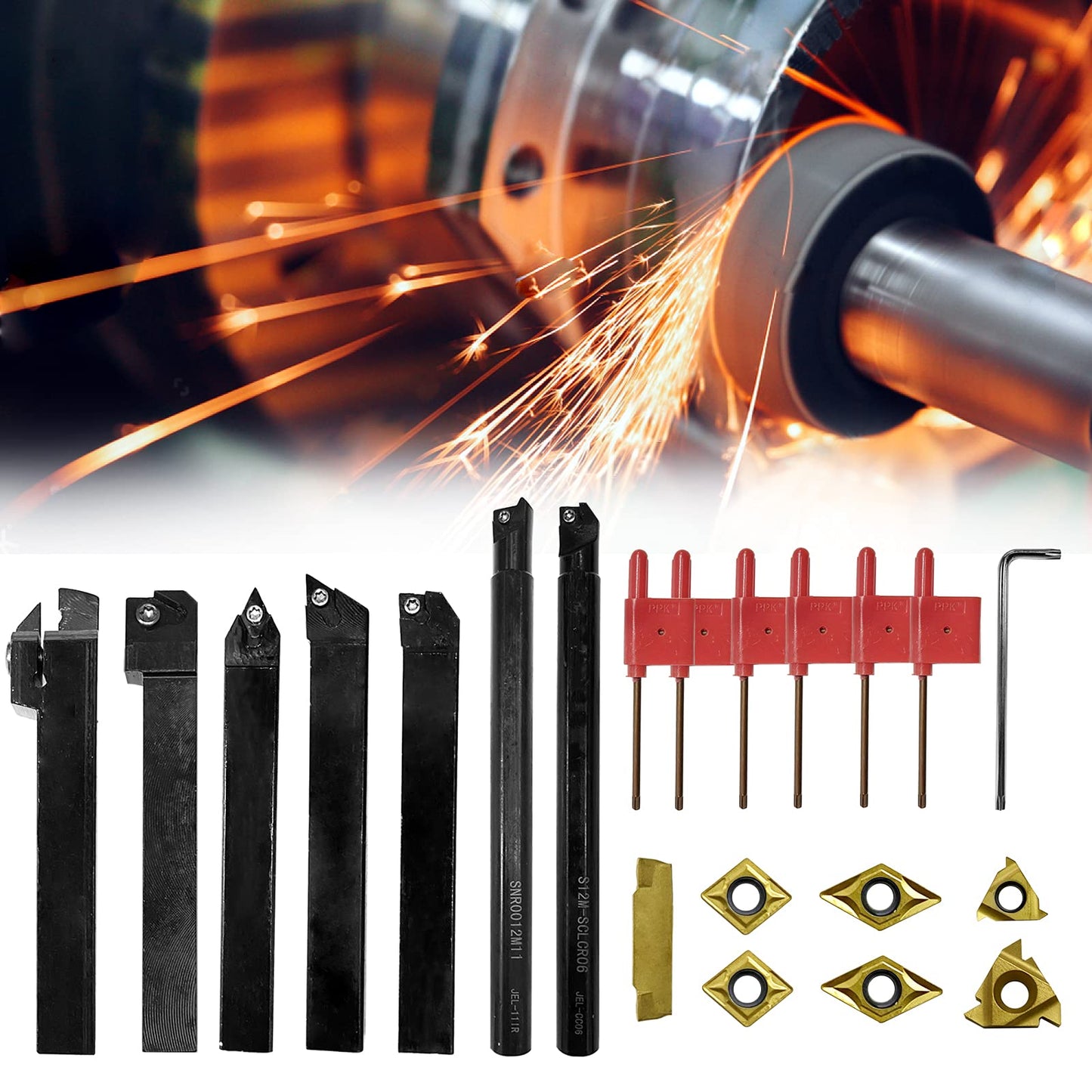 21 pieces of turning tools with indexable inserts boring bar turning tool holder set, 7 x lathe holder, 7 x carbide inserts, 7 x wrenches (12 mm)