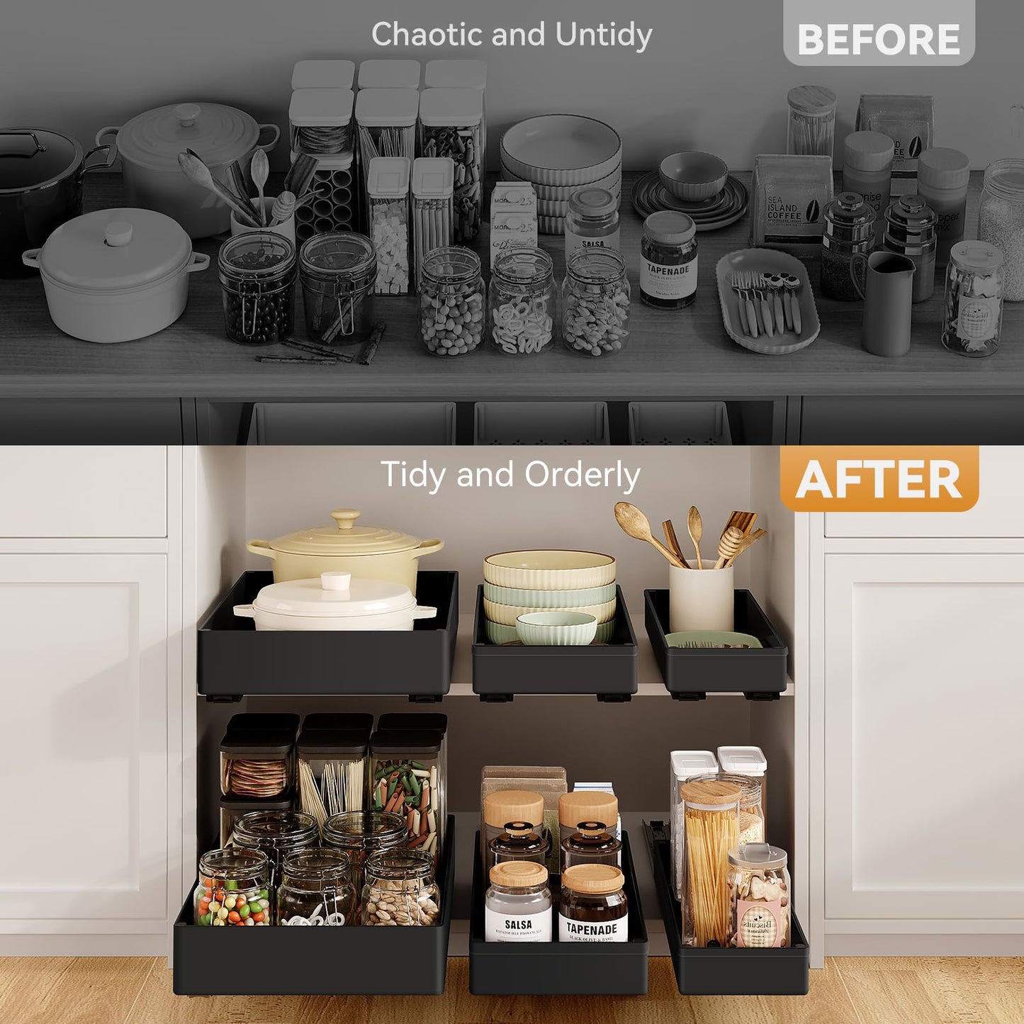 SOLEDI Telescopic Drawer Adhesive, Pull-Out Kitchen Drawer 3-Pack, Expandable Kitchen Cabinet Organizer, No Drilling or Nailing Required (Black)