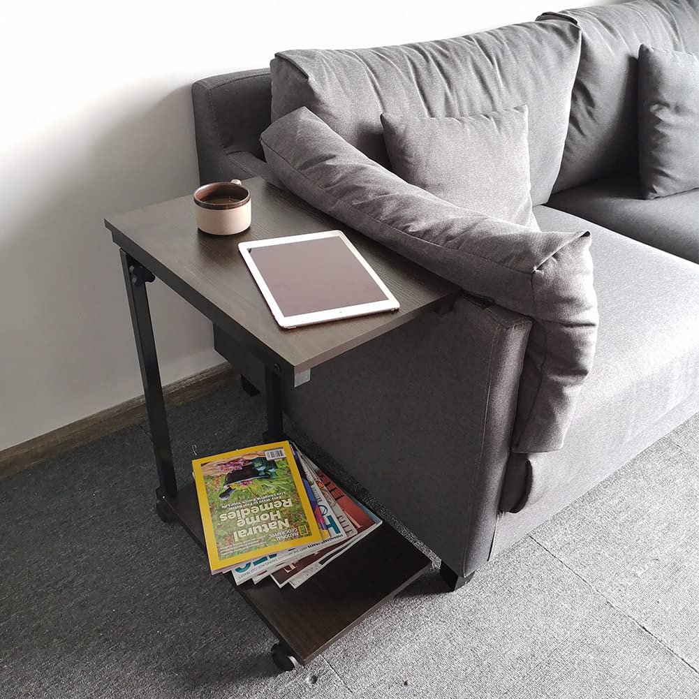 KKTONER Side Table Sofa Table Height Adjustable Bedside Table Coffee Table with Wheels Walnut Effect