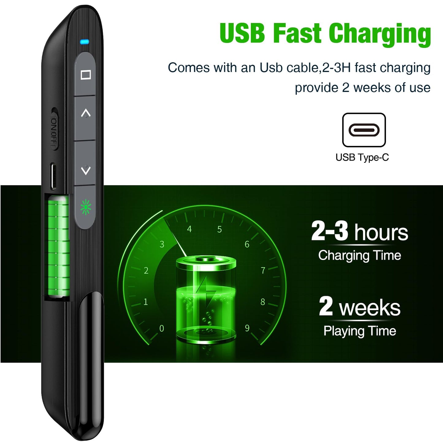 Rechargeable USB C Green Presenter, 2.4 GHz Wireless PowerPoint Remote, Green Pointer for Presentations, Presentation Remote for Windows/Mac/PowerPoint/Keynote/Google Slides/PDF.