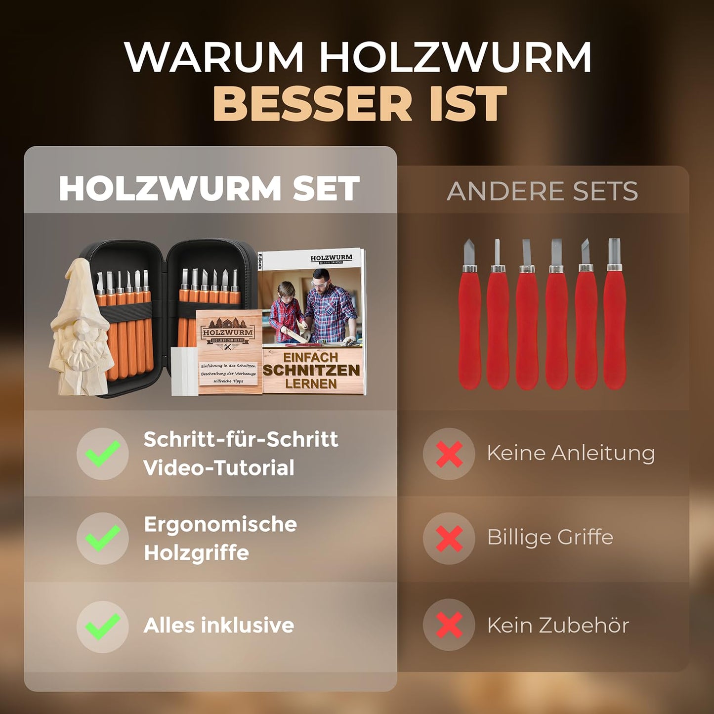 WOODWORM Wood Carving Tool Set - 17 pieces, including instructions for a carving project & E-book for beginners, pouch & sharpening stone, ideal carving knife set for beginners and professionals.