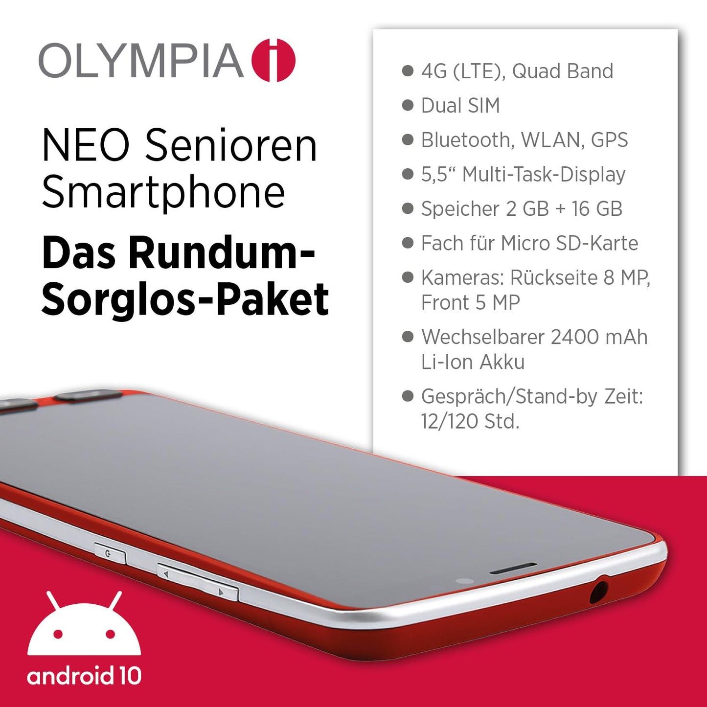 Olympia Neo 16GB senior smartphone | Extra large display | Hearing aid compatible | Emergency button | Senior smartphone 5.5" display | Whatsapp & Mediteo pre-installed | 8MP camera | Red