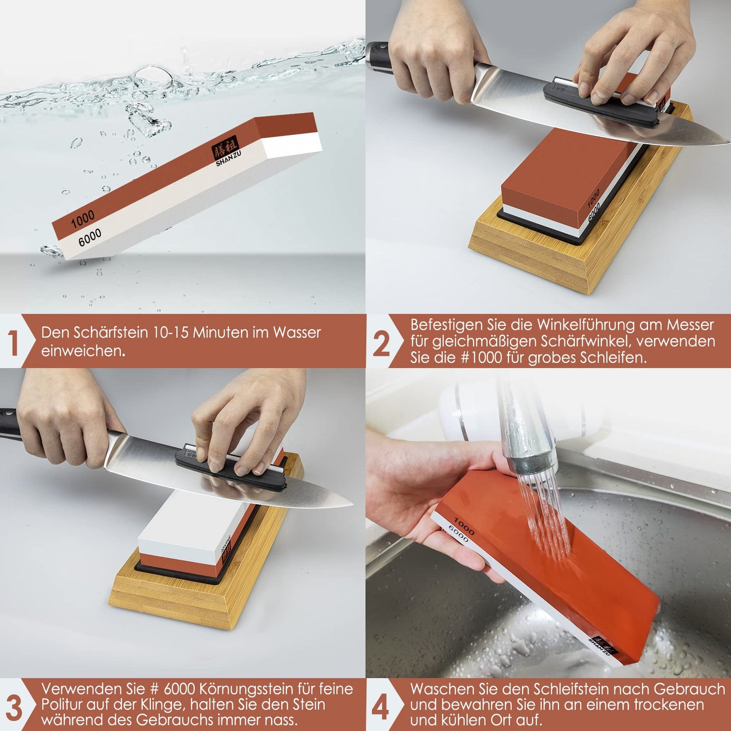 SHAN ZU Sharpening Stone Sharpening Stone Whetstone for Professional 2-in-1 Dual-Sided Knife Sharpener, Grit 1000/6000 with Non-Slip Silicone Holder for Kitchen Knives